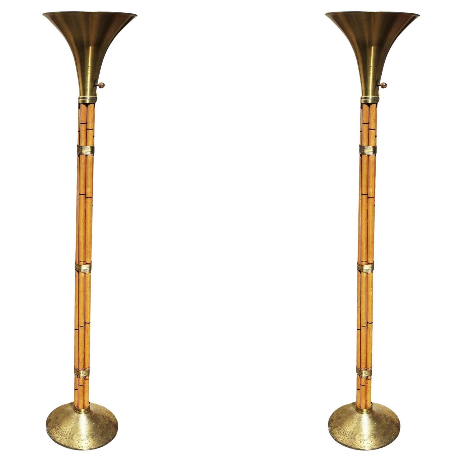 Restored Stacked Rattan TorchËre Floor Lamps Brass Shade by Russel Wright, Pair (1 of 6)