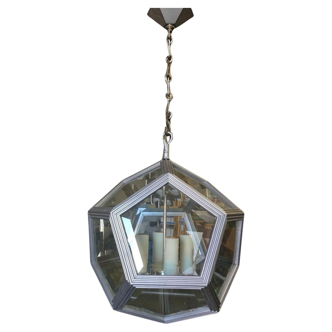 Art Deco Inspired 4-Light Custom Made Pentagon Window Chandelier: Title: Art Deco Inspired 4-Light Custom Made Pentagon Window Chandelier Description: Custom made Art Deco inspired wood and glass pentagon window chandelier with vintage Art Deco Chain. addx1 Reserve: