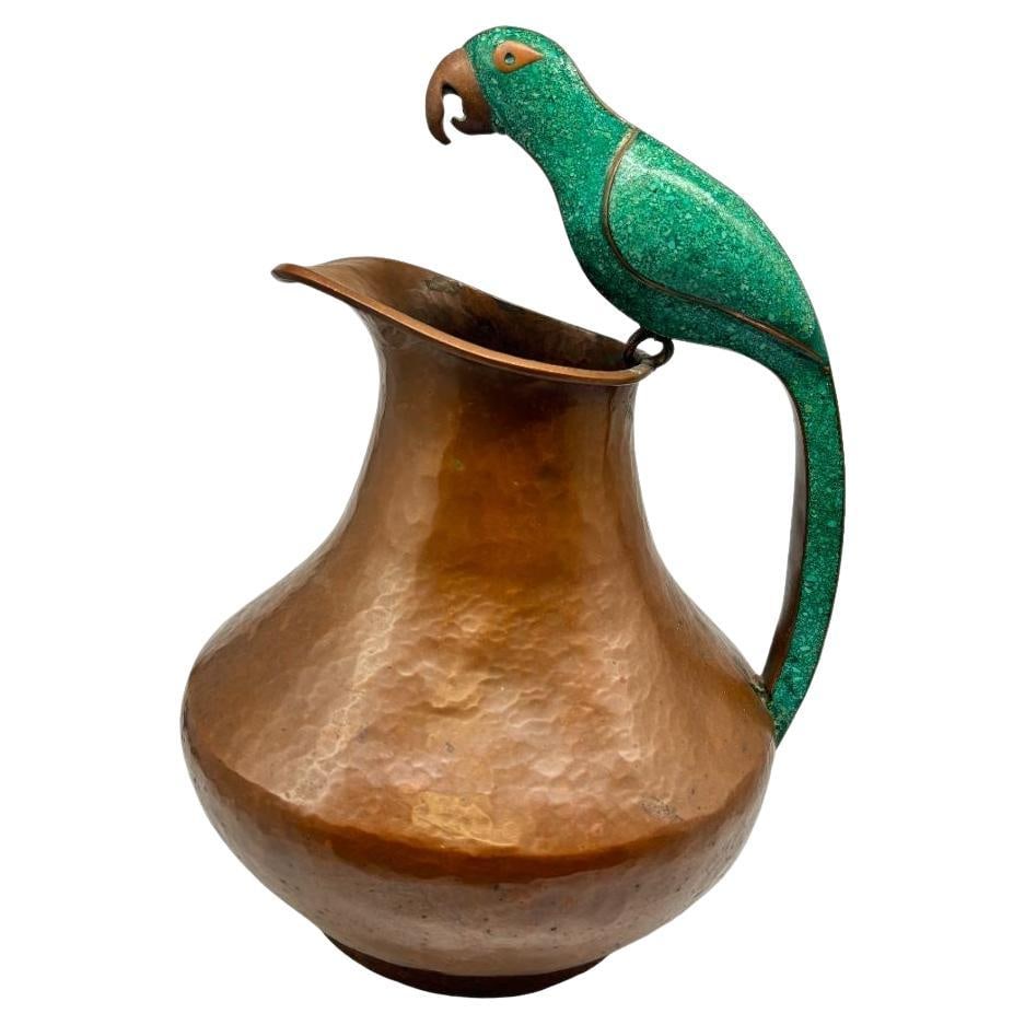 Alfredo Villasana Taxco Parrot Pitcher: Vintage from Mexico: Title: Alfredo Villasana Taxco Parrot Pitcher: Vintage from Mexico Description: Introducing the Alfredo Villasana Taxco Parrot Pitcher: a vintage piece boasting original patina and exquisite copper cr