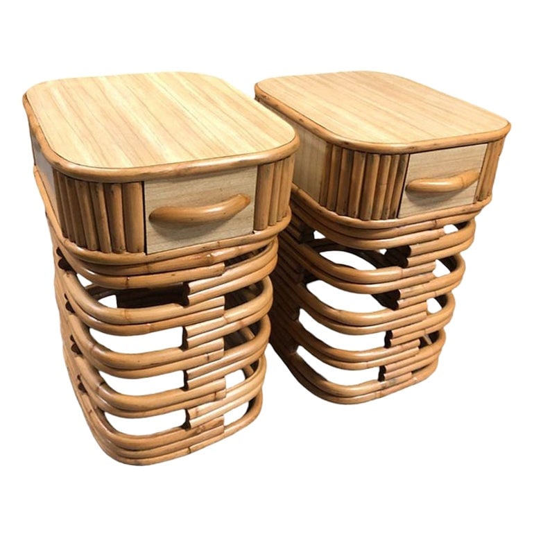 Restored Modernist Stacked Rattan Nightstand Side Table w/ Formica Top, Pair: Title: Restored Modernist Stacked Rattan Nightstand Side Table w/ Formica Top, Pair Description: Revitalize your bedroom with these beautifully restored Paul Frankl style rattan bedside tables,