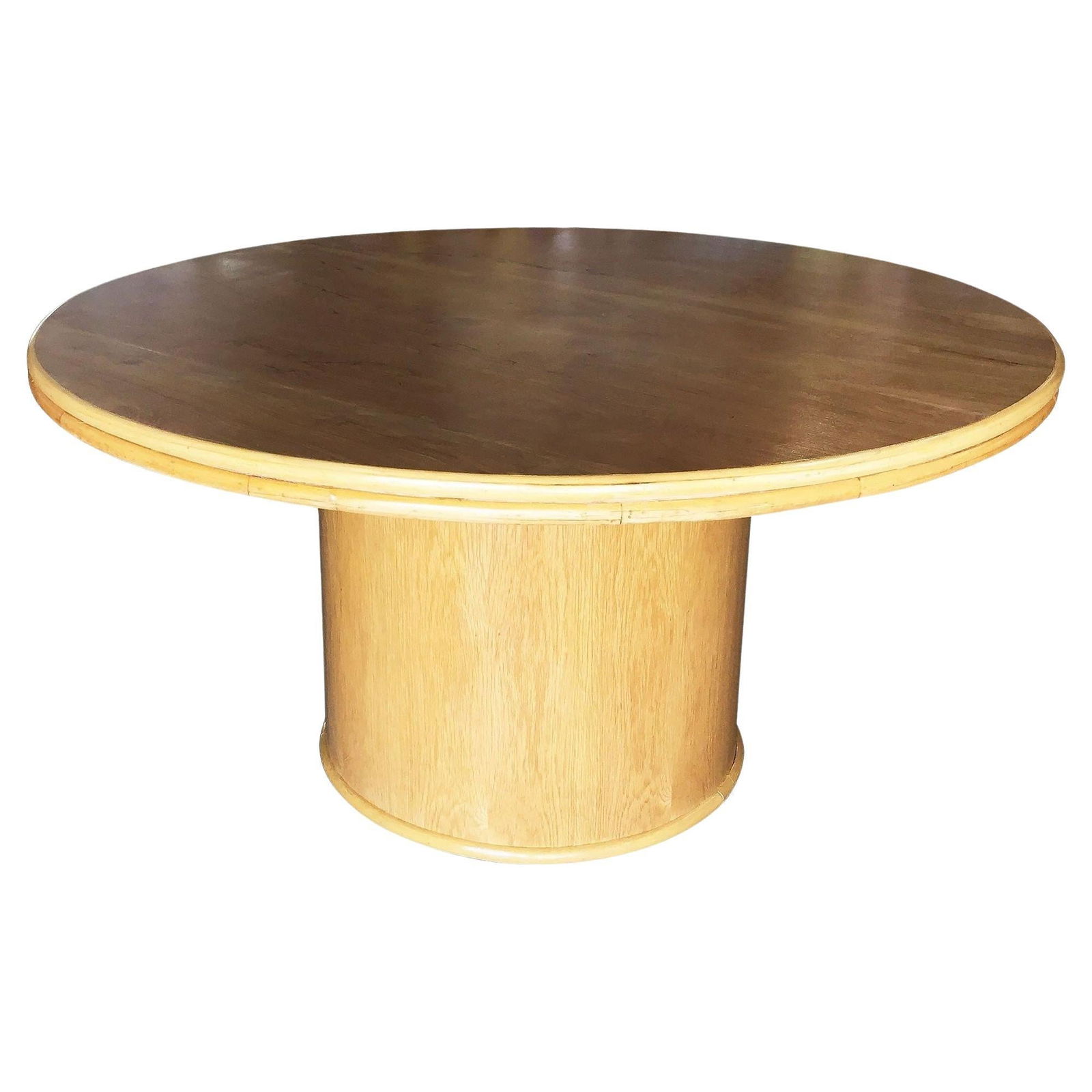 Bentwood Rattan and Oak Round Pedestal Dining Table: Title: Bentwood Rattan and Oak Round Pedestal Dining Table Description: This beautifully restored Paul Frankl-inspired Minimal, yet elegant, dining/game table features an oak base and tabletop with st