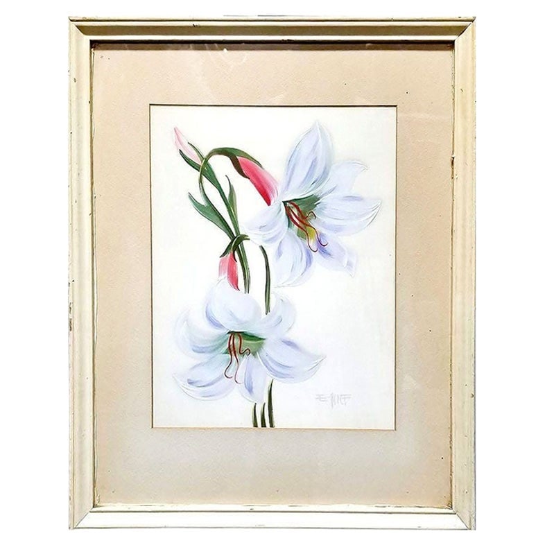 Mid-century Hawaiian Two Lilies Oil Painting on Paper signed E. Wolf, Framed: Title: Mid-century Hawaiian Two Lilies Oil Painting on Paper signed E. Wolf, Framed Description: This Post-War Hawaiian oil painting on paper, titled "Two Lilies," is a beautiful piece signed by the a