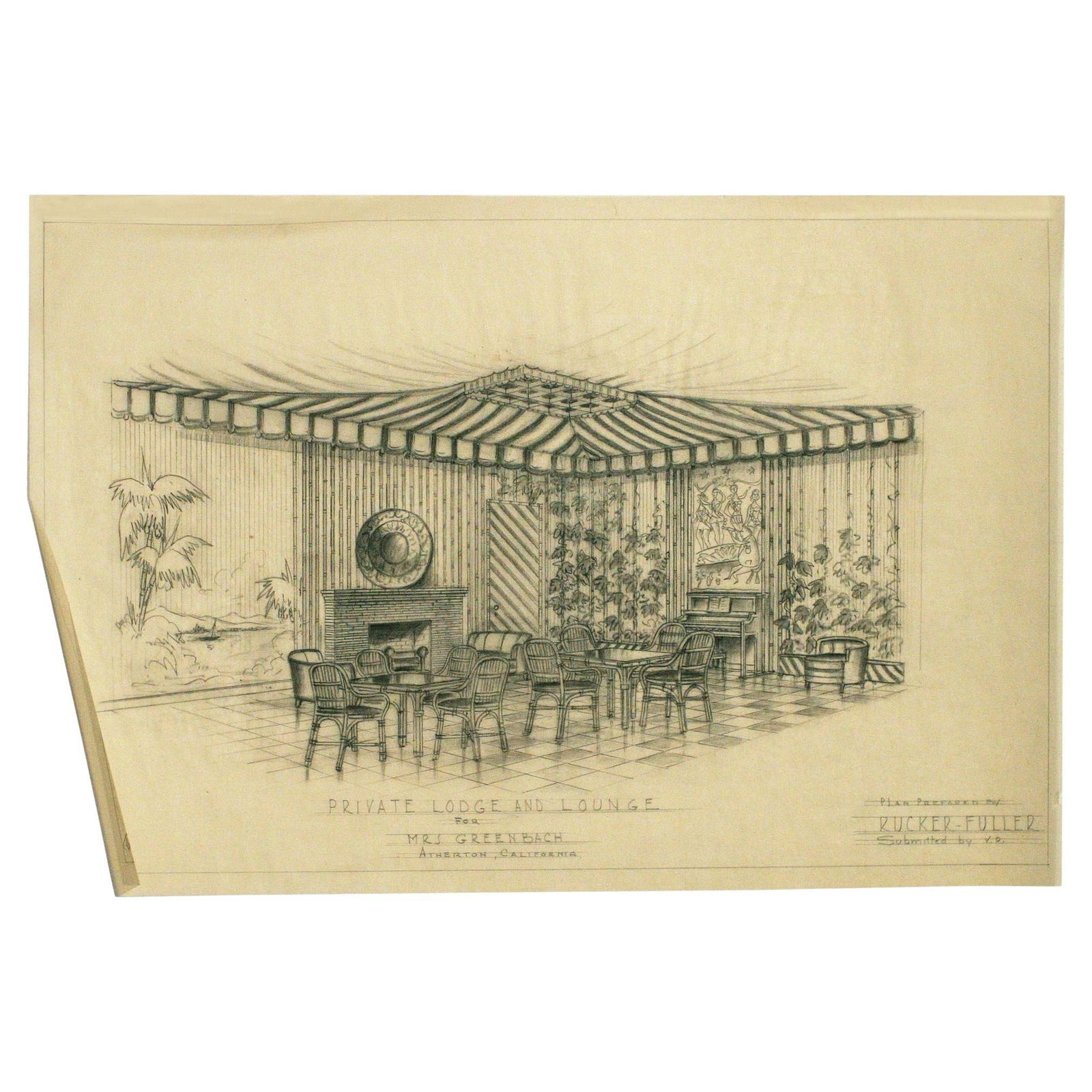 1955 Tropical "Private Lodge & Lounge" Architectural Prepared by Rucker Fuller: Title: 1955 Tropical "Private Lodge & Lounge" Architectural Prepared by Rucker Fuller Description: Original 1955 "Private Lodge & Lounge" hand drawn Architectural artwork Rendering prepared by Rucker