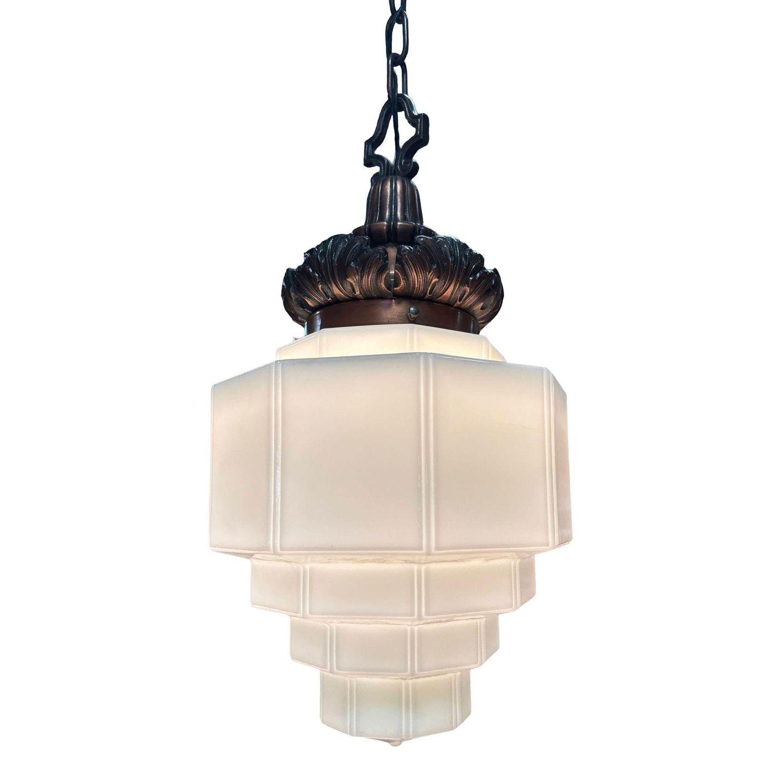 Art Deco Copper Acanthus Leaf Hanging Pendant Light w/ Stepped Milk Glass Shade - 14