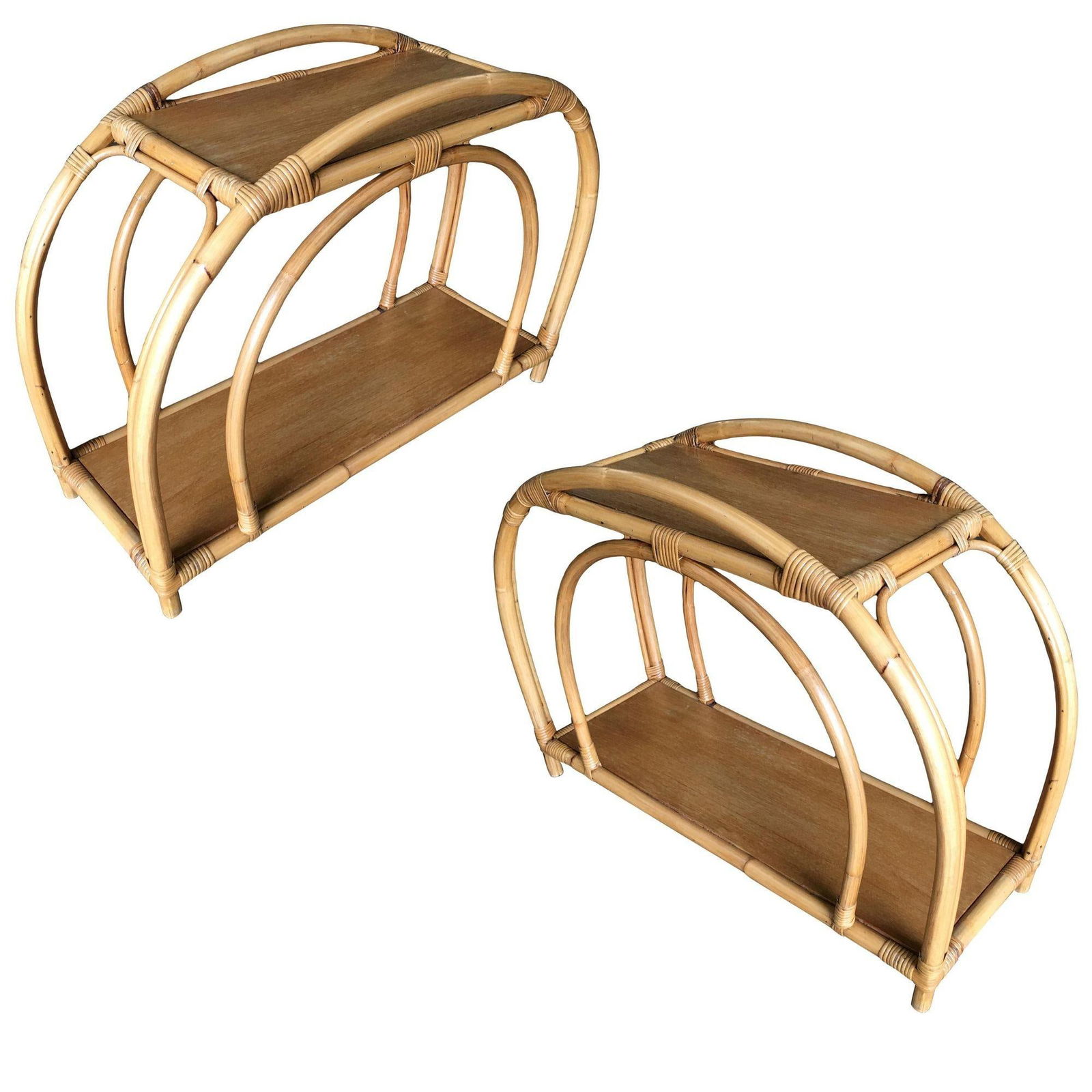 Restored "Double Arch" Rattan Side Table Pair W/ Two-Tier Mahogany Tops - 13