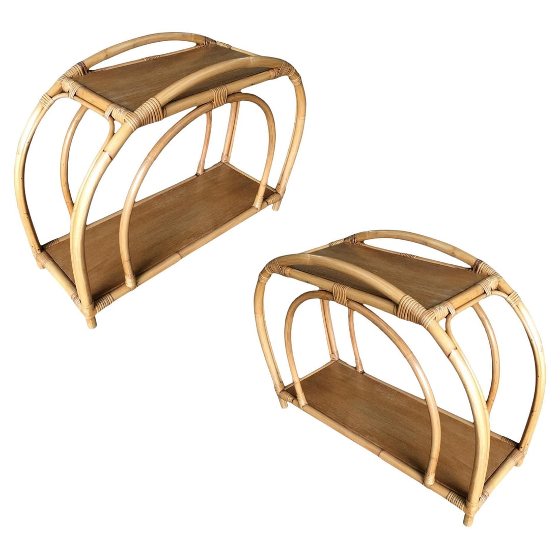 Restored "Double Arch" Rattan Side Table Pair W/ Two-Tier Mahogany Tops (1 of 19)