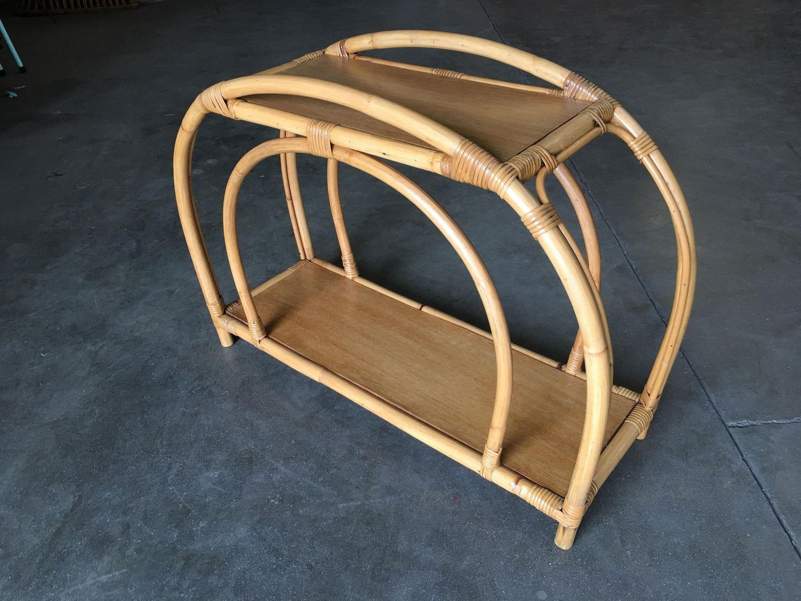 Restored "Double Arch" Rattan Side Table Pair W/ Two-Tier Mahogany Tops - 3
