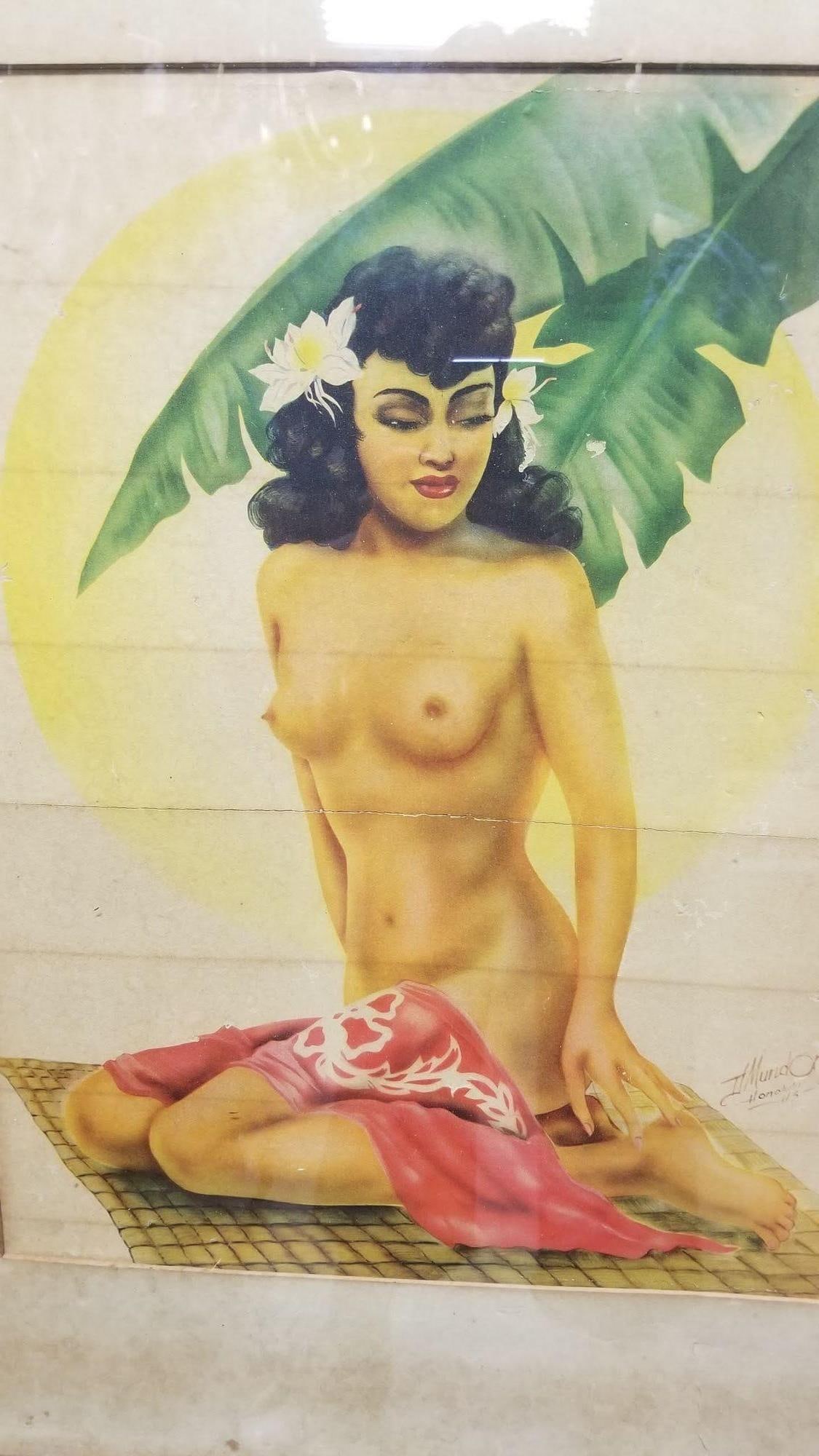 Hawaiian Airbrush Nude on Paper by Mundorff Honolulu in Bamboo Frame, 1945 - 10