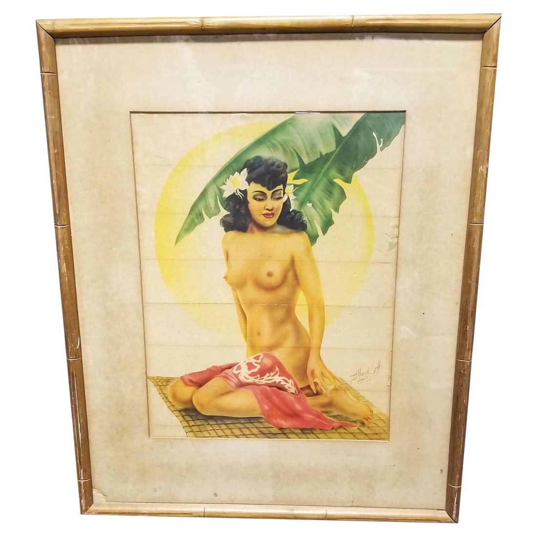 Hawaiian Airbrush Nude on Paper by Mundorff Honolulu in Bamboo Frame, 1945: Title: Hawaiian Airbrush Nude on Paper by Mundorff Honolulu in Bamboo Frame, 1945 Description: Early Mid-century WWII wartime Hawaiian airbrush artwork nude featuring young topless women on an island