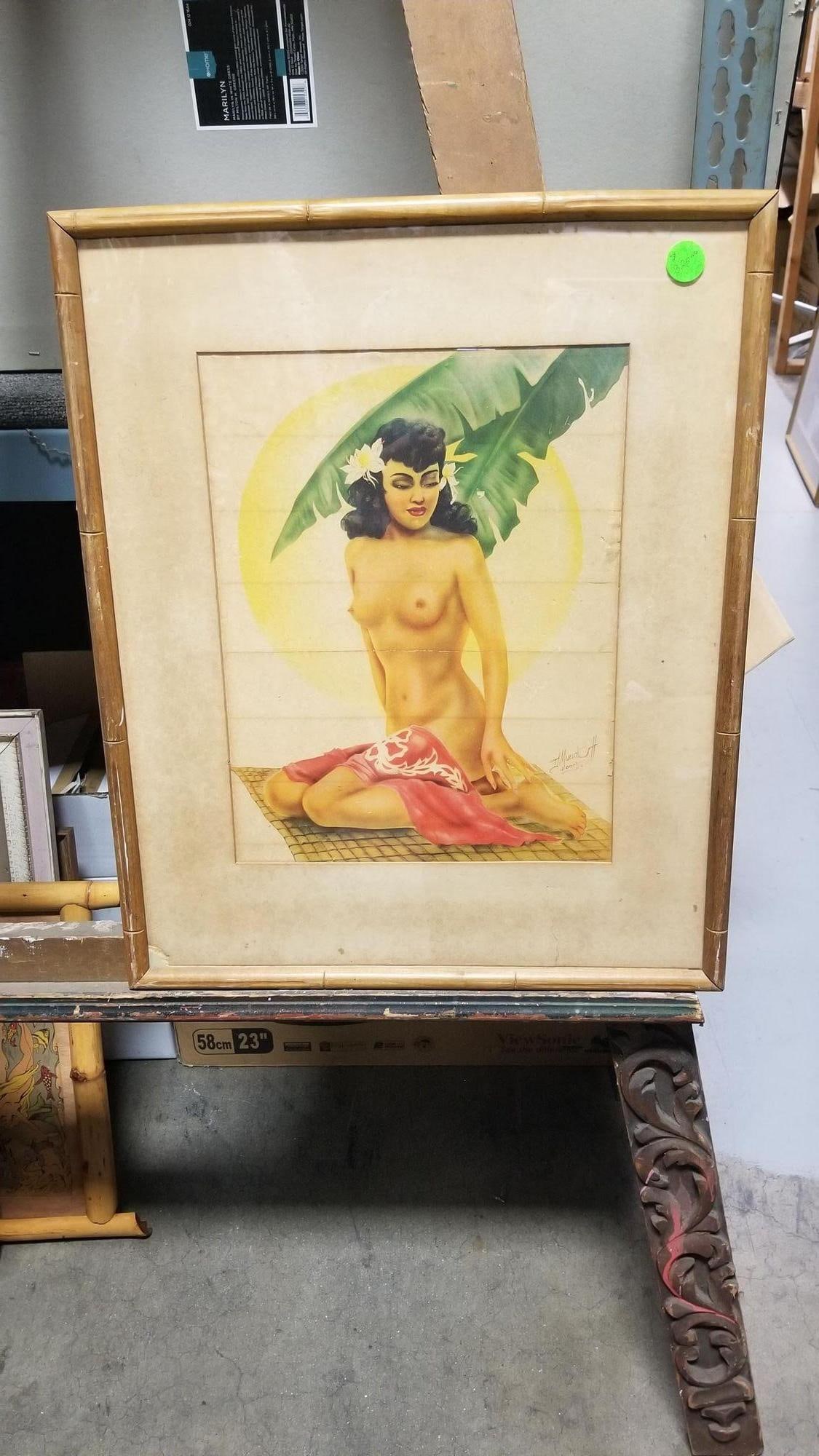 Hawaiian Airbrush Nude on Paper by Mundorff Honolulu in Bamboo Frame, 1945 - 2
