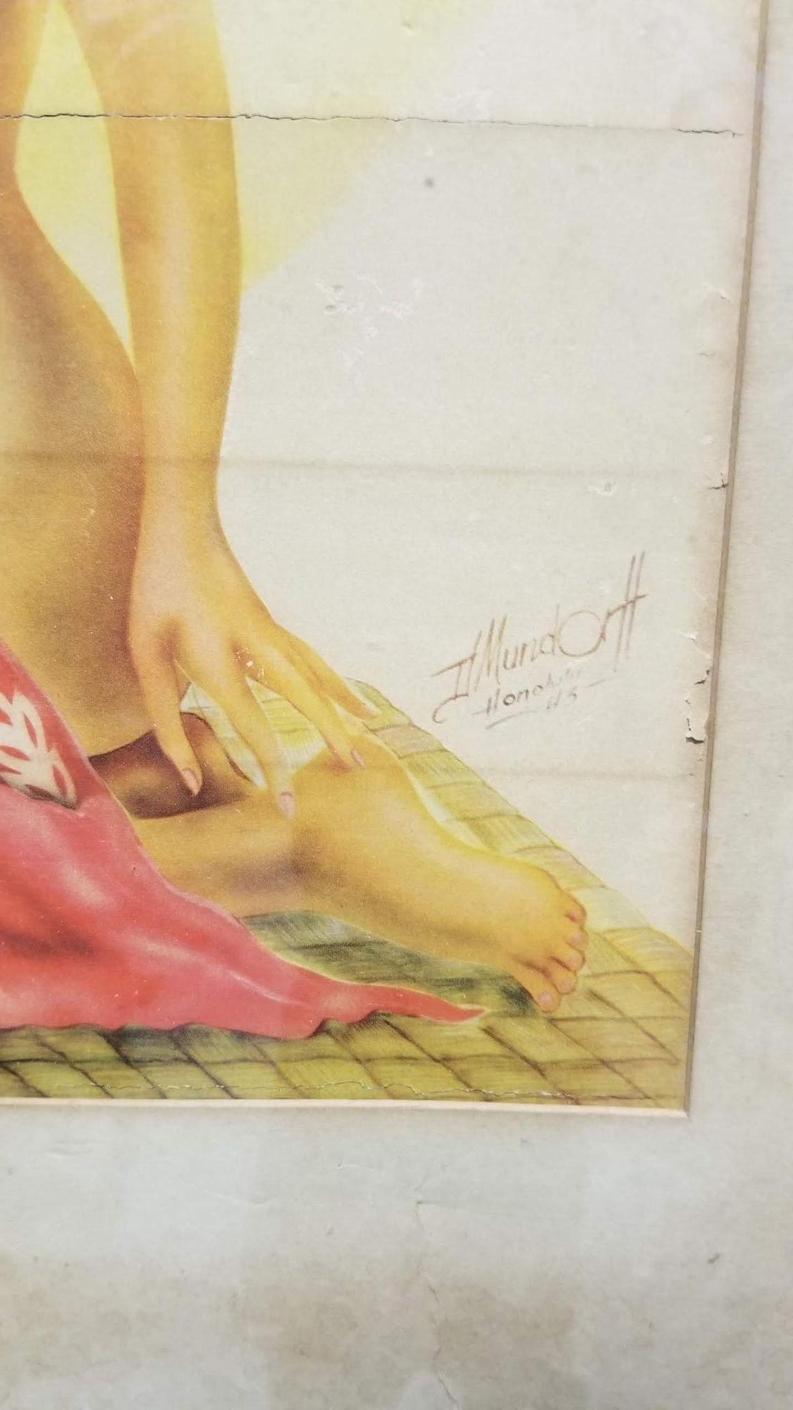 Hawaiian Airbrush Nude on Paper by Mundorff Honolulu in Bamboo Frame, 1945 - 5