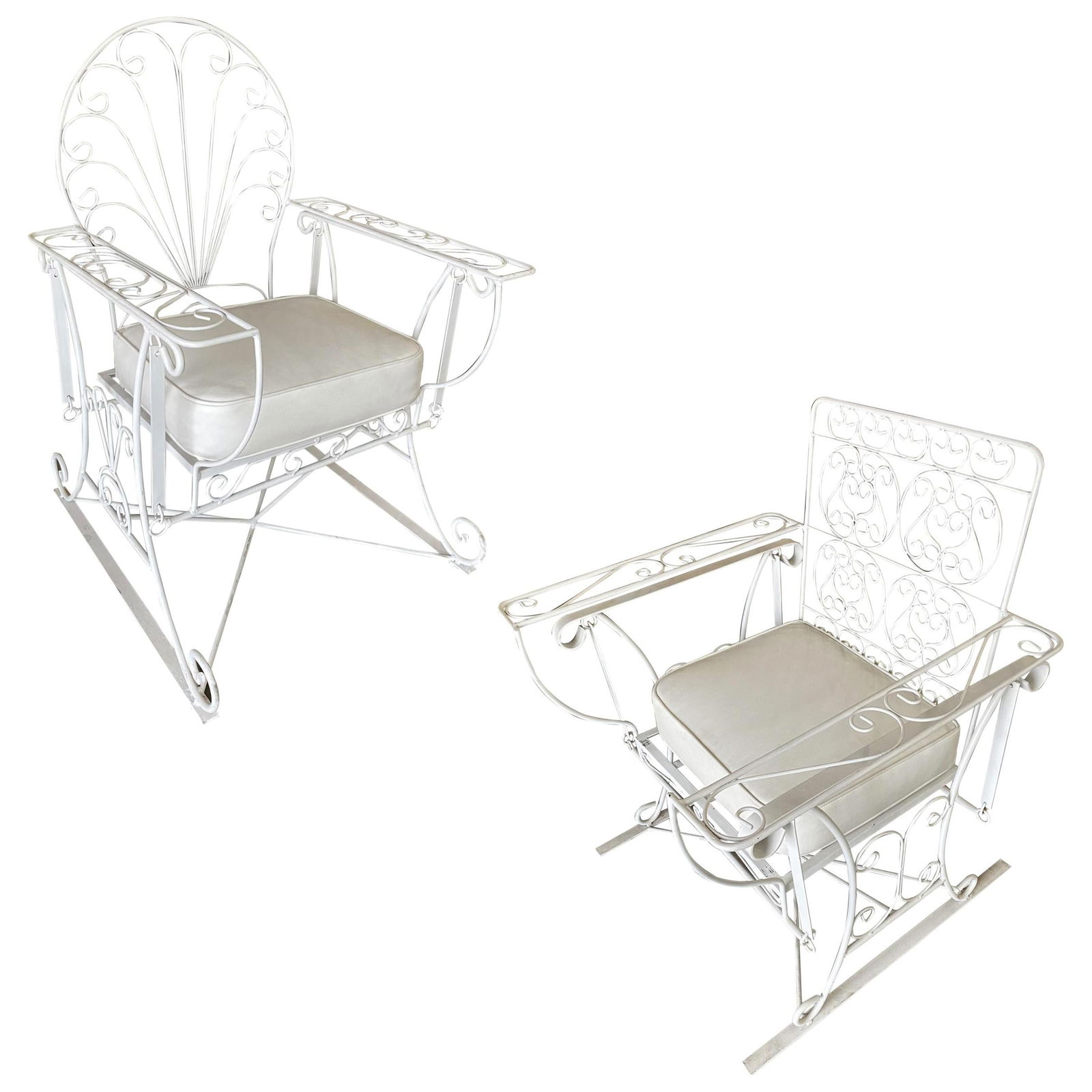 Iron Wire Patio/Outdoor Slider Rocking Lounge Chair with Scrolling Arms, Pair: Title: Iron Wire Patio/Outdoor Slider Rocking Lounge Chair with Scrolling Arms, Pair Description: Original pair of 1950s midcentury Woodard style iron wire patio/outdoor slider rocking lounge chairs