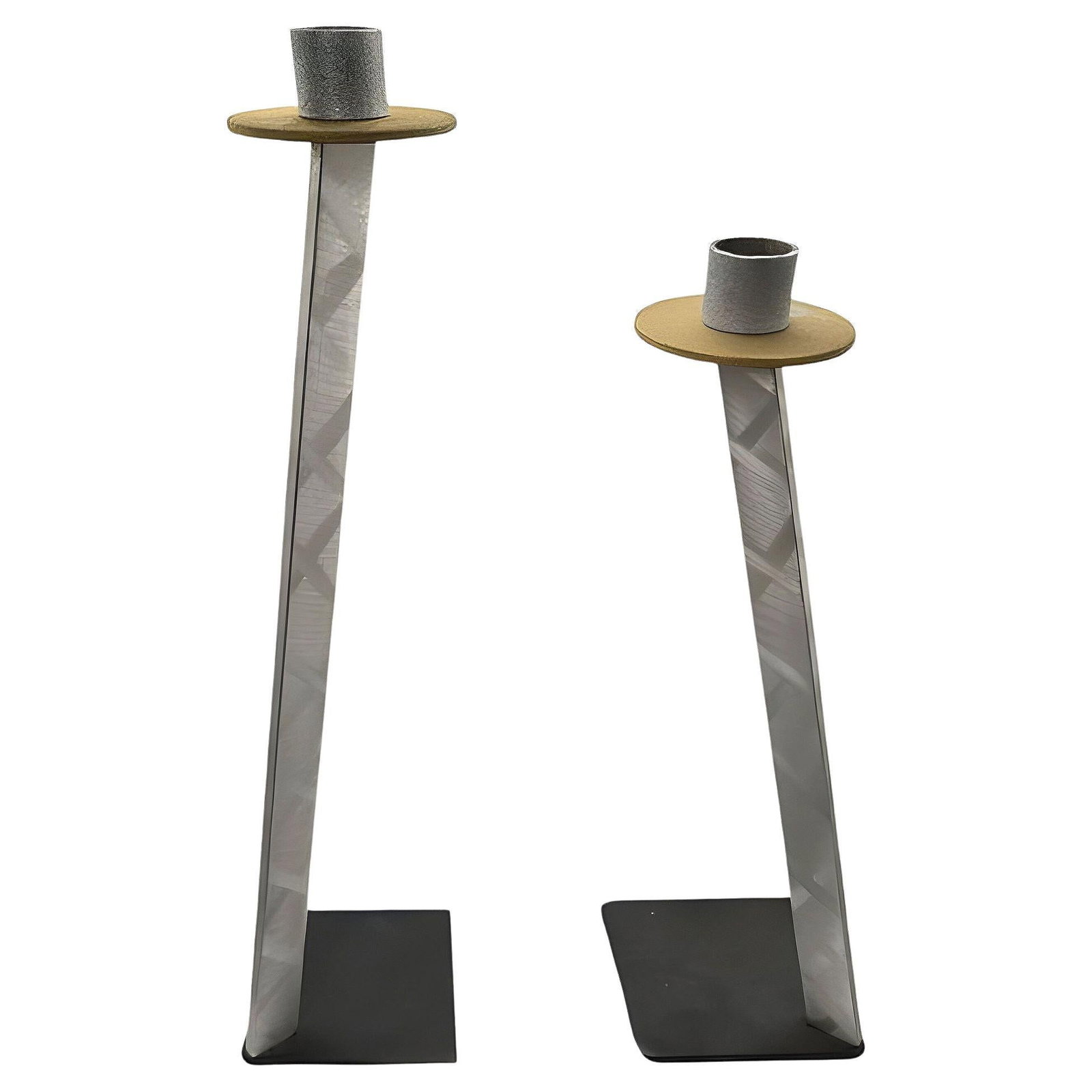 Post Modern Steel & Bronze Candlestick Large Holders by Bruce R. MacDonald, Pair: Title: Post Modern Steel & Bronze Candlestick Large Holders by Bruce R. MacDonald, Pair Description: Bruce R. MacDonald's signed set of two large candlestick holders made from a black anodized steel