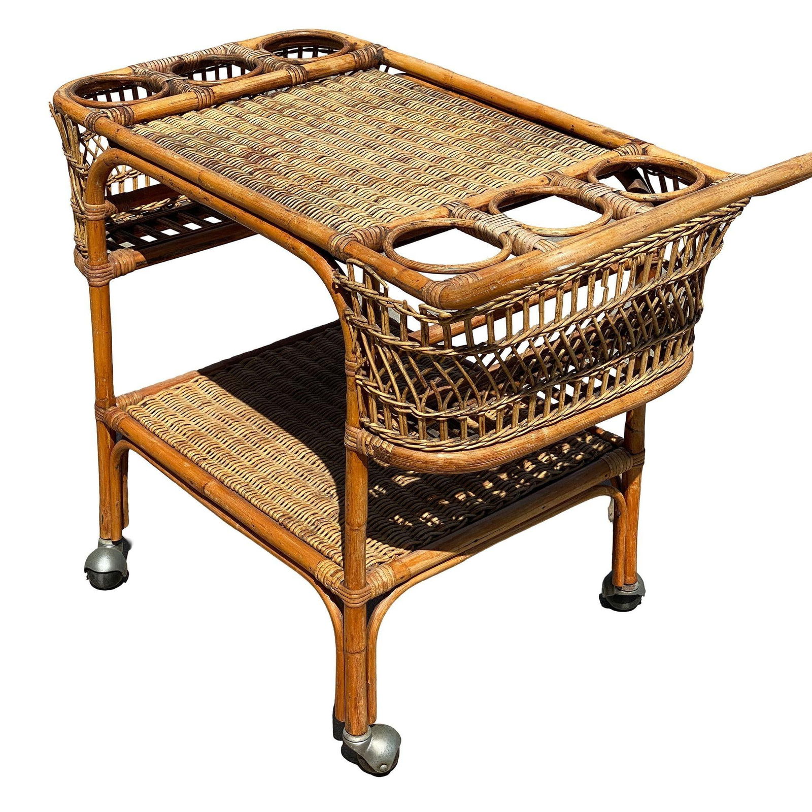 Restored Art Deco Stick Rattan Two-Tier Bar Cart w/ Woven WickerTops - 20