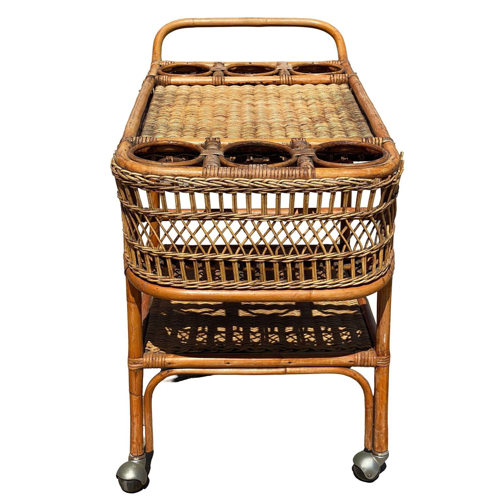 Restored Art Deco Stick Rattan Two-Tier Bar Cart w/ Woven WickerTops - 6