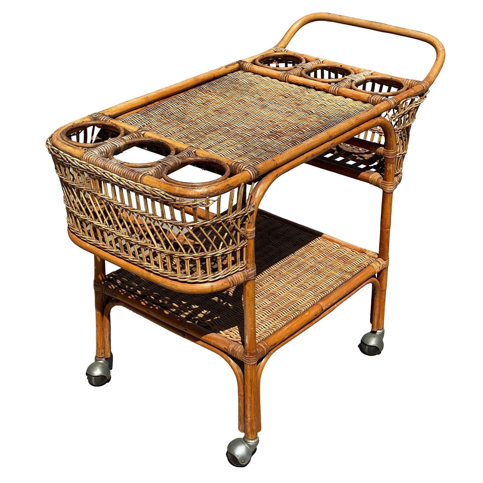 Restored Art Deco Stick Rattan Two-Tier Bar Cart w/ Woven WickerTops - 8
