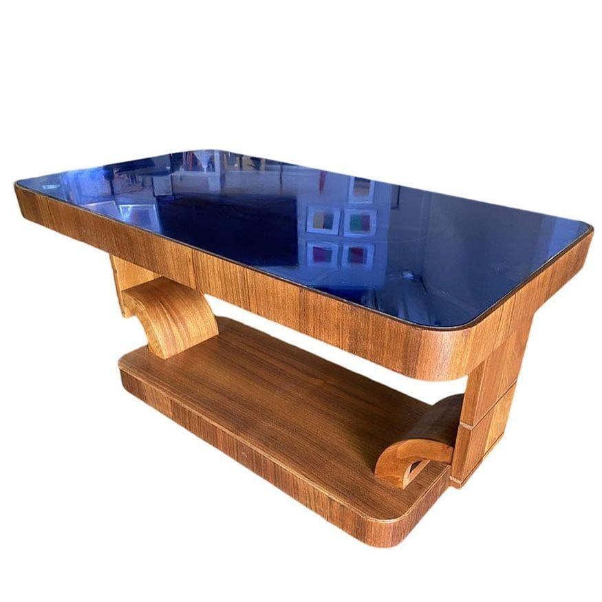 Gilbert Rohde Style Art Deco Mahogany Coffee Table w/ Cobalt Glass Top - 17