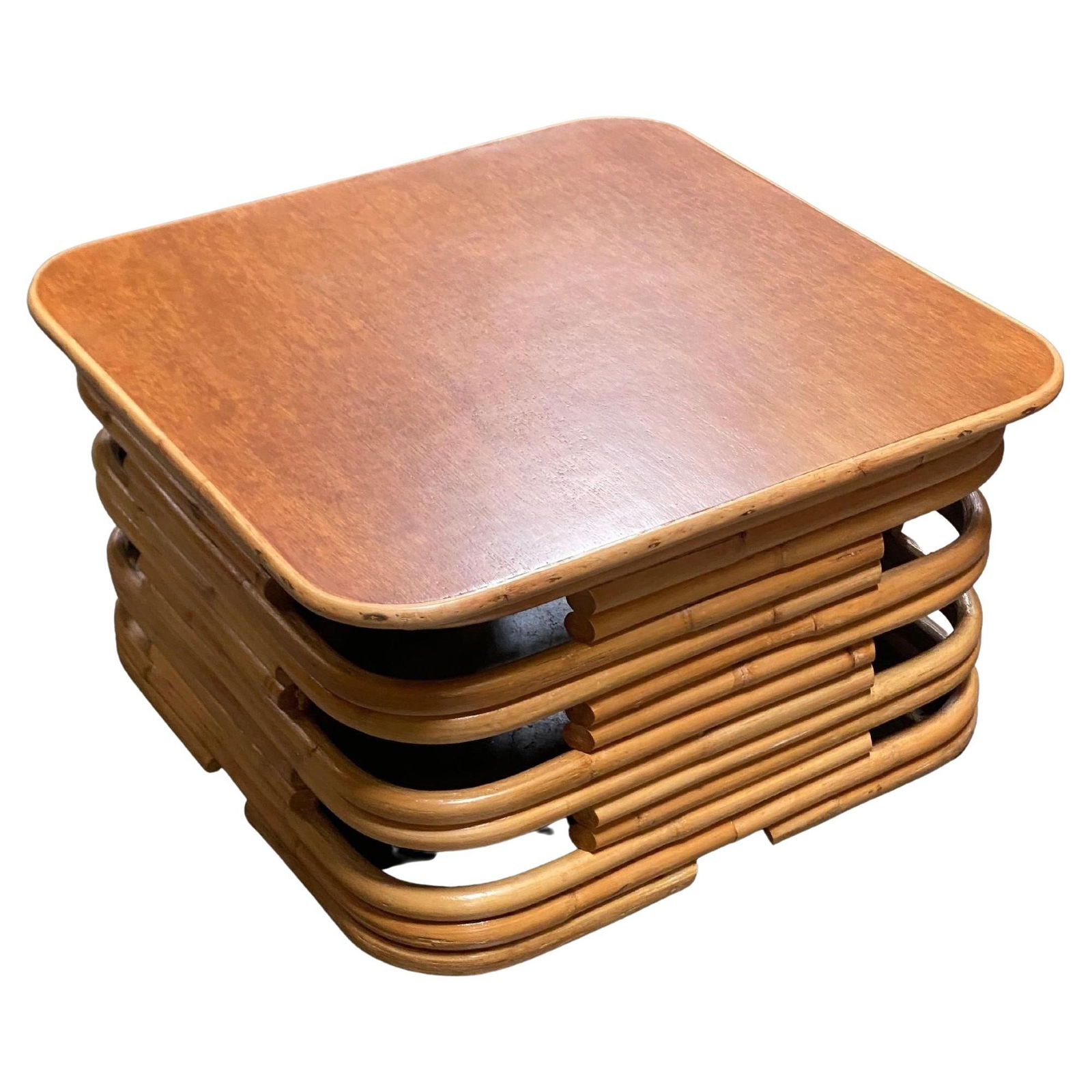 Restored 1940's Stacked Rattan Coffee Table w/ Rattan Wrapped Mahogany Top (1 of 20)