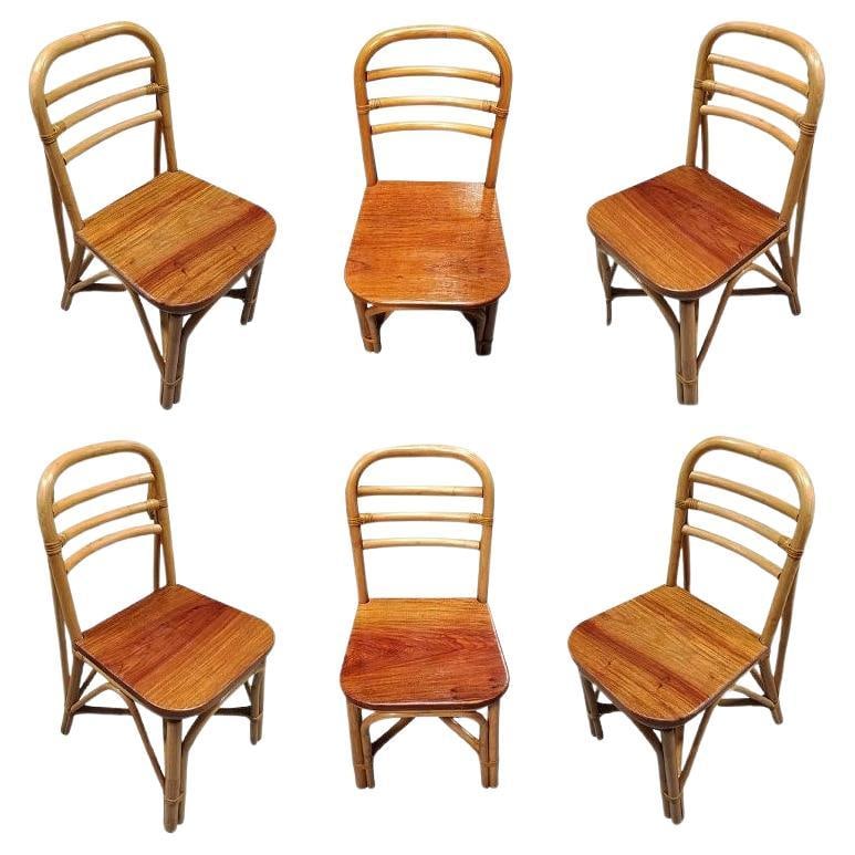 Restored Rattan Skeleton Back Dining Room Chair w/ Mahogany Seat, Set of Six: Title: Restored Rattan Skeleton Back Dining Room Chair w/ Mahogany Seat, Set of Six Description: This beautifully restored Frankl style set of 6 rattan dining room chairs blends style and vintage