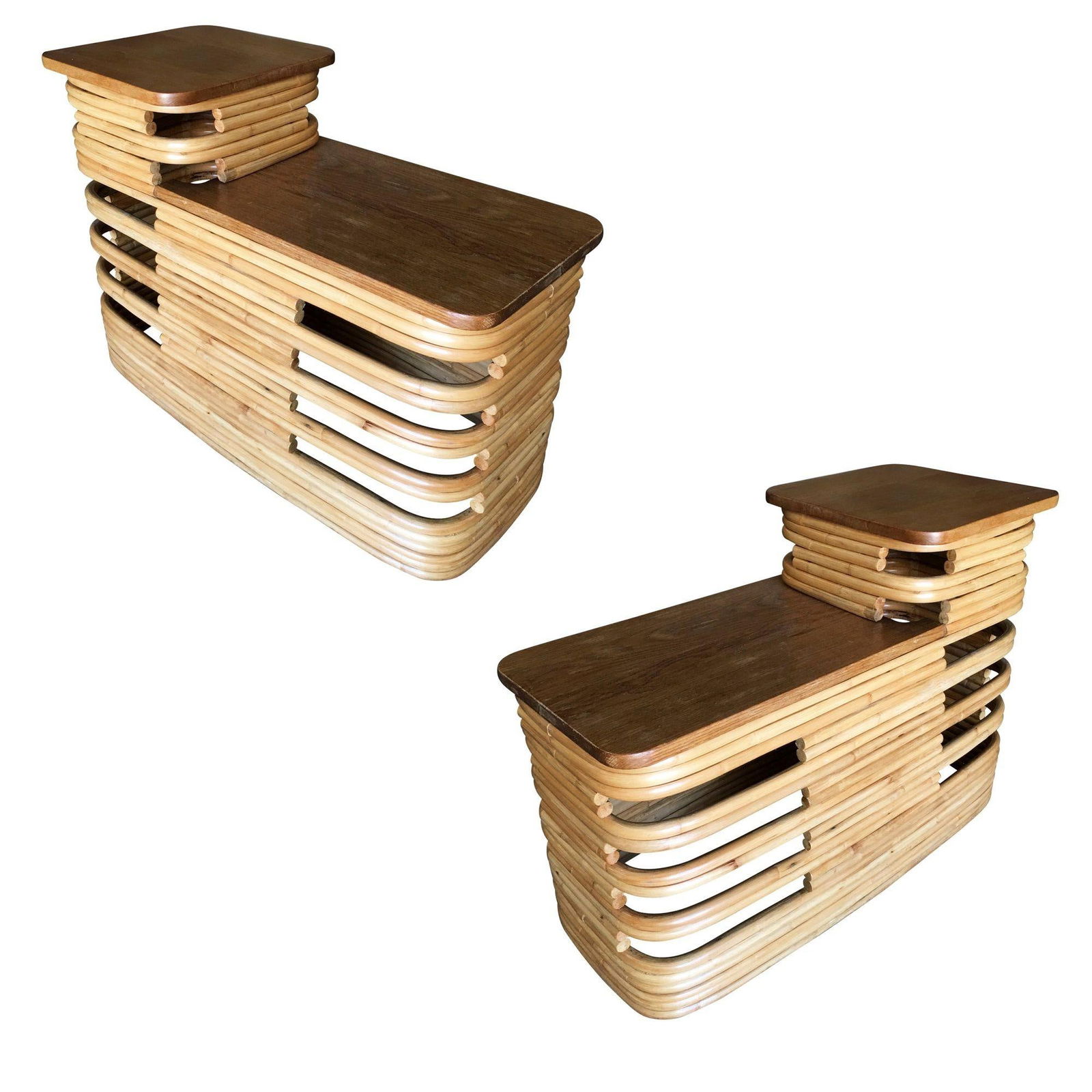 Paul Frankl-Style Stacked Rattan Side Tables with Mahogany Top, Pair, circa 1930 (1 of 20)