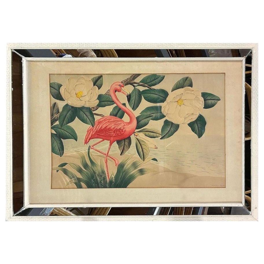 Pink Flamingo Watercolor Painting on Paper Signed by Shirrell Graves, Framed: Title: Pink Flamingo Watercolor Painting on Paper Signed by Shirrell Graves, Framed Description: Original 1940s Pink Flamingo Watercolor Painting on Paper Signed by Shirrell Graves. The painting