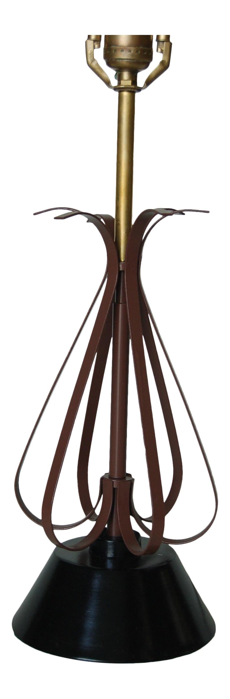 Midcentury Scalloped Steel and Brass Table Lamp: Title: Midcentury Scalloped Steel and Brass Table Lamp Description: Midcentury scalloped metal table lamp in brown and black table lamp. Measures: 18" tall x 6" wide x 6" deep. Reserve: $315.00 