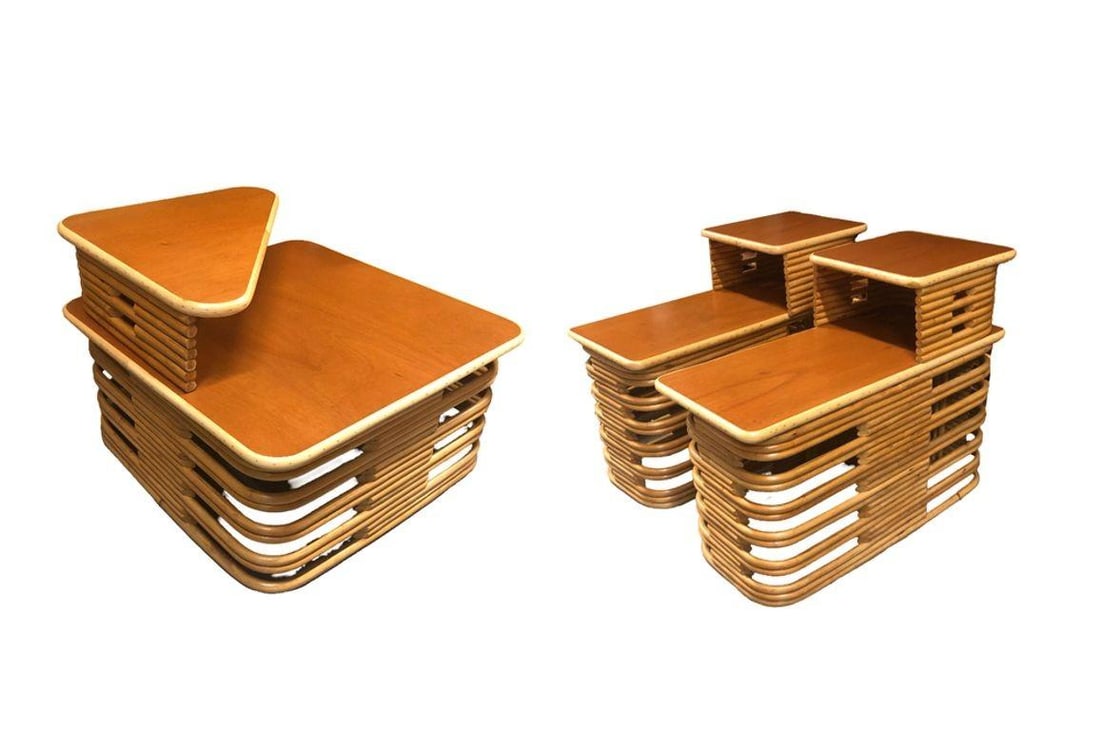 Restored Stacked Rattan & Mahogany Side/Corner Table 3 Piece Set - 17