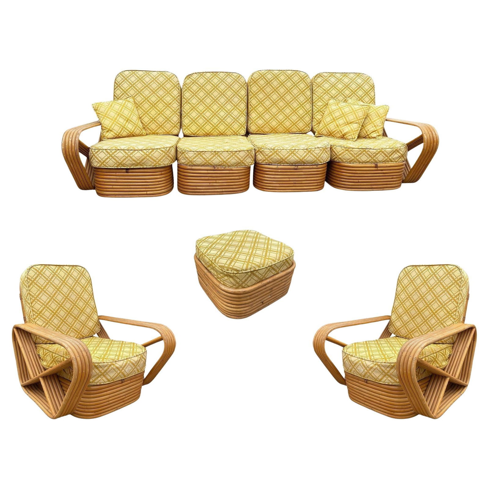 Restored 5-Strand Square Pretzel Rattan Chair & Sofa Livingroom Set: Title: Restored 5-Strand Square Pretzel Rattan Chair & Sofa Livingroom Set Description: Thank you for your inquiry regarding the Mid-Century Rattan living room set reminiscent of Paul Frankl's style,