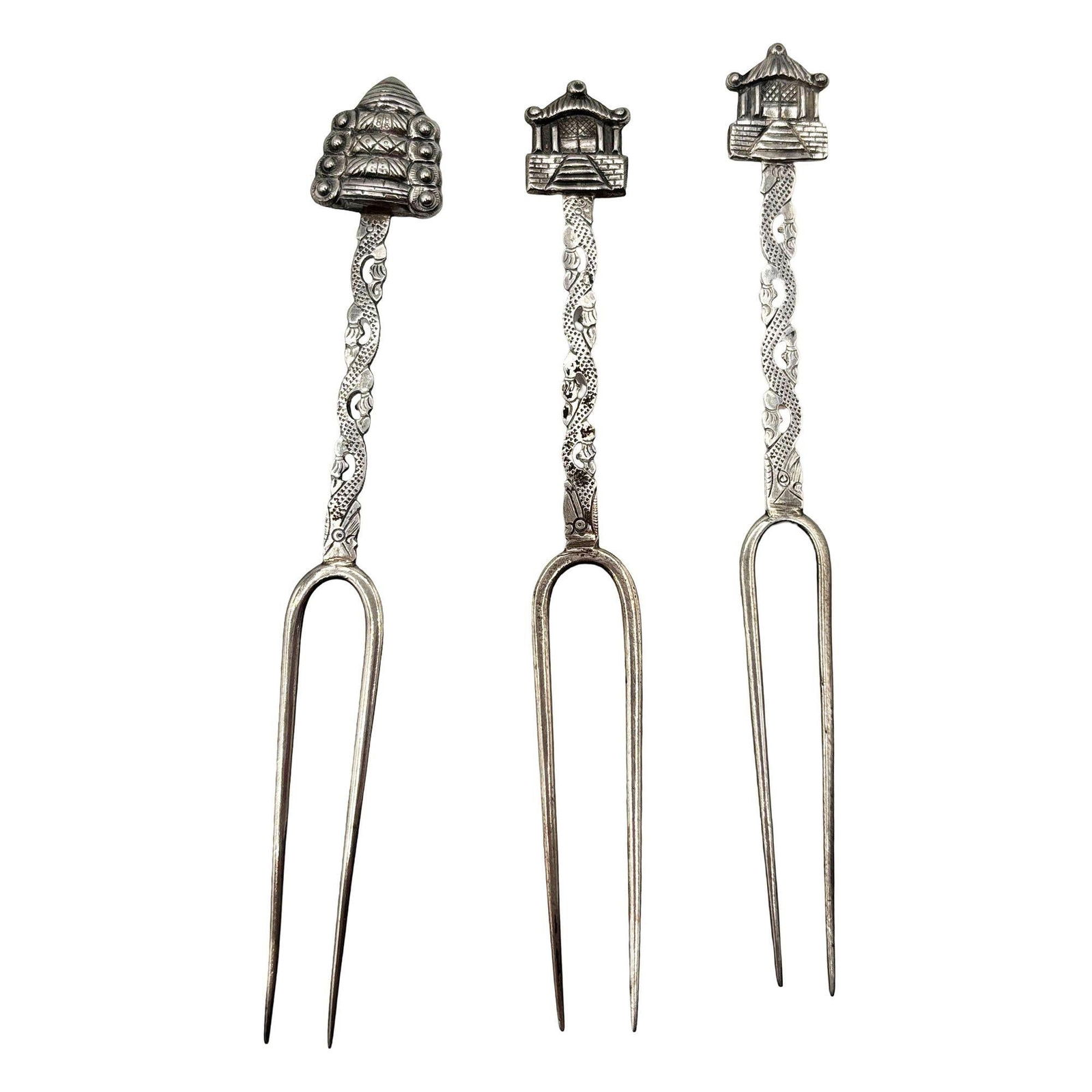 Victorian 1890 Chinese Export Silver Pickle Cocktail Fork, Set of 3 - 3