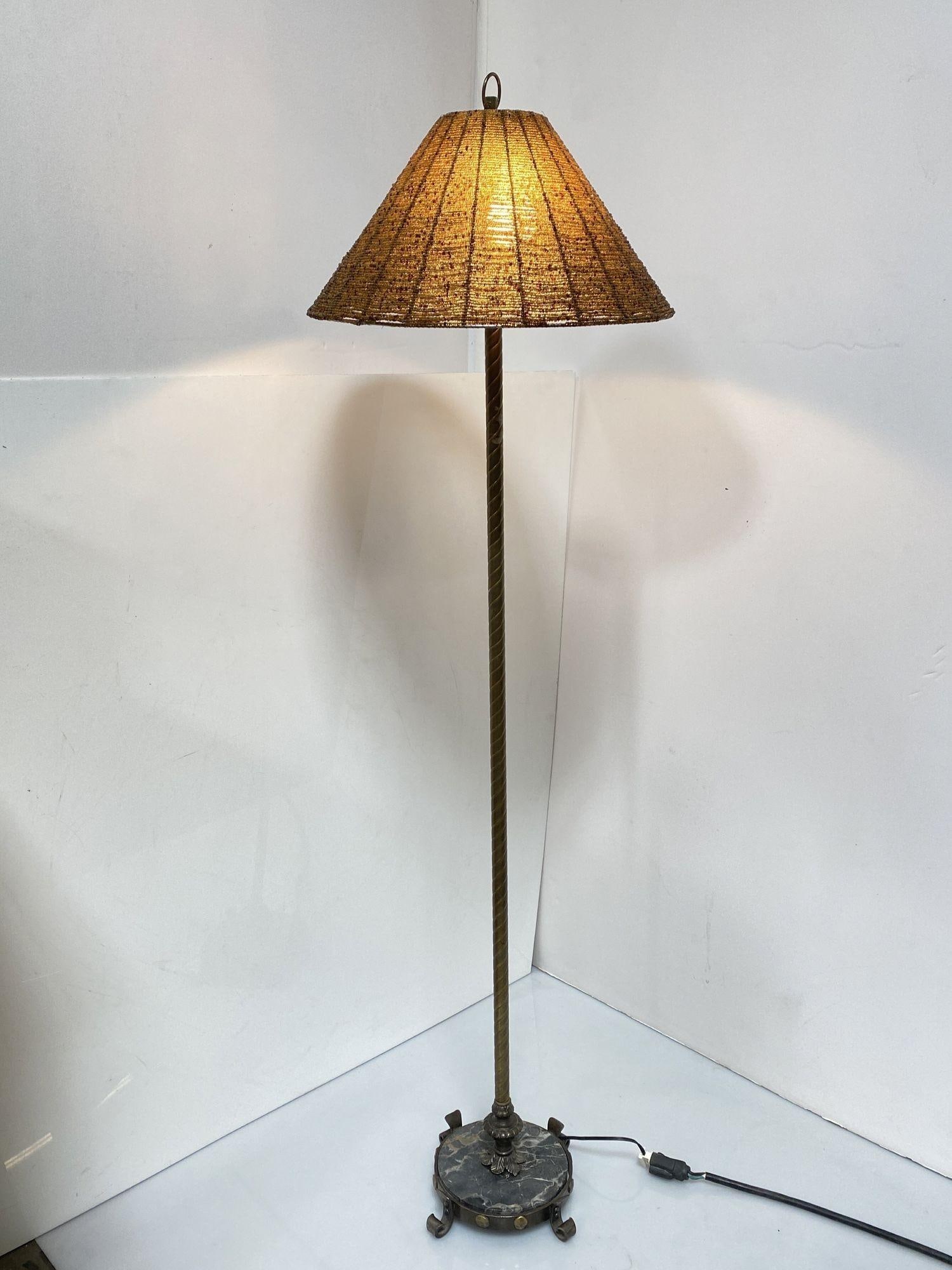 Brass & Marble Empire Iron Marble Floor Lamp w/ Beaded Shade - 6