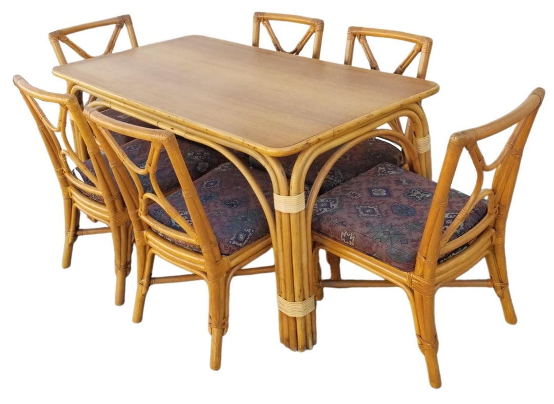 Ficks Reed Restored Rattan Dining Room Table and Chairs Set - 8