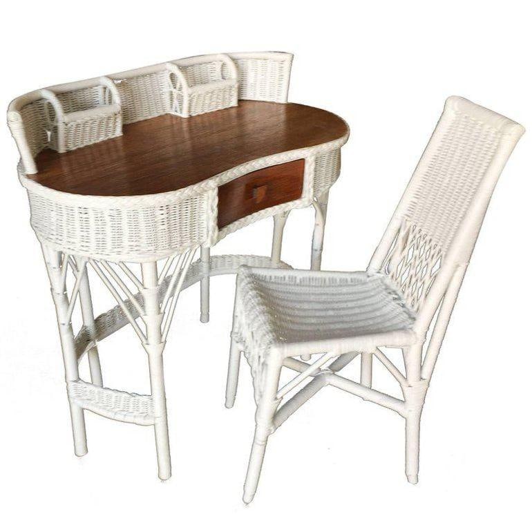 Restored Shabby Chic Wicker & Rattan Secretary Desk with Chair - 5