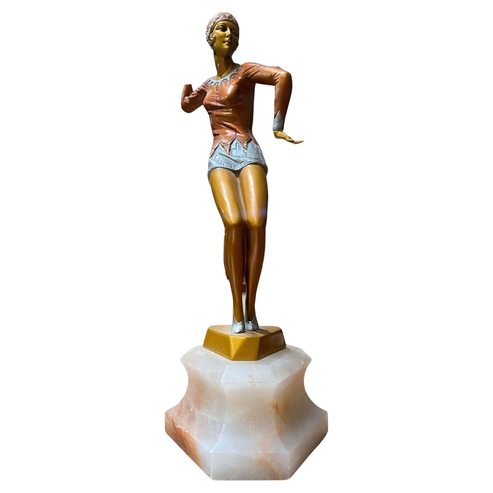 Neo Art Deco Copper-Tone Female Dancer Statue Dancer by Biess: Title: Neo Art Deco Copper-Tone Female Dancer Statue Dancer by Biess Description: Neo Art Deco copper-tone female flapper dancer statue dancer fixed to an alabaster base, signed Biess. Circa 1980. 
