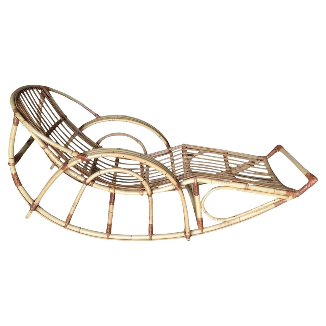 Restored Stick Pencil Rattan Rocking Lounge Chair by Emerson: Title: Restored Stick Pencil Rattan Rocking Lounge Chair by Emerson Description: A rare Art Deco era four Double Arch arm rattan rocking chair by Emerson with custom-made cushions made after purchase.