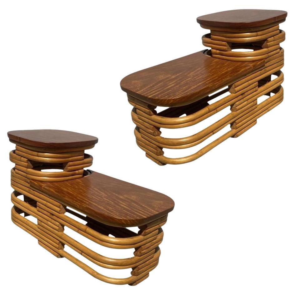 Restored Art Deco Two-Tier Stacked Rattan Side Table w/ Mahogany Top, Pair: Title: Restored Art Deco Two-Tier Stacked Rattan Side Table w/ Mahogany Top, Pair Description: This beautifully restored pair of Paul Frankl style two-tier stacked rattan end lamp tables with cut-out