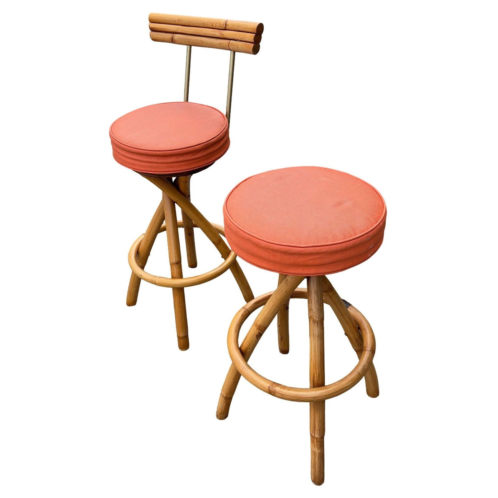 Restored Pair of Rattan Barstools with Spiral Legs and Orange Cushions: Title: Restored Pair of Rattan Barstools with Spiral Legs and Orange Cushions Description: This stylish pair of restored rattan barstools features twisted leg bases, circular footrests, and vibrant or