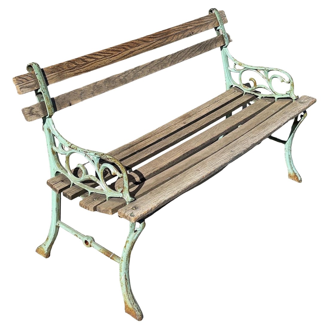 Victorian Cast Iron and Wooden Lath Garden Bench with Vine Leaf Detail: Title: Victorian Cast Iron and Wooden Lath Garden Bench with Vine Leaf Detail Description: Charming antique cast-iron and wood garden bench featuring ornate scroll work sides in a weathered pale green