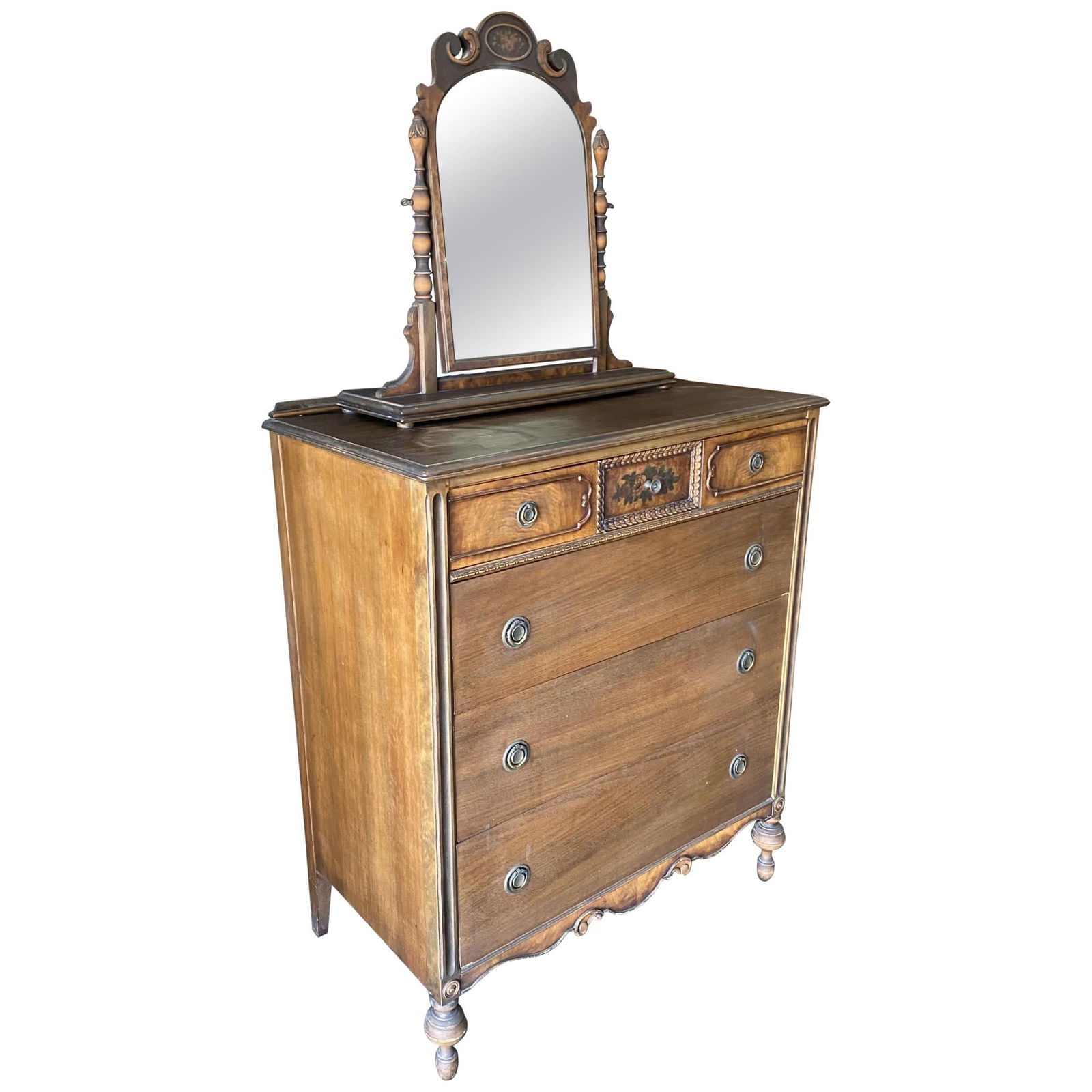 Antique Walnut Highboy Dresser w/ Vanity Table Mirror by Berkey & Gay Furniture - 7