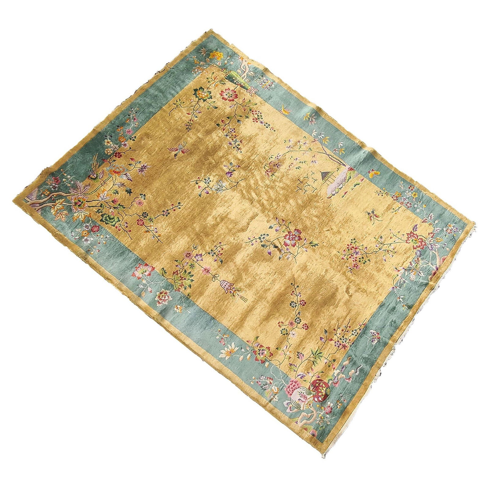 Large 11.5' X 9' Art Deco Nichols-Style Chinese Wool/Cotton Area Rug: Title: Large 11.5' X 9' Art Deco Nichols-Style Chinese Wool/Cotton Area Rug Description: Large 11.5 feet x 9 feet wool on cotton Art Deco era Nichols-style Chinese area rug with Blue and gold border