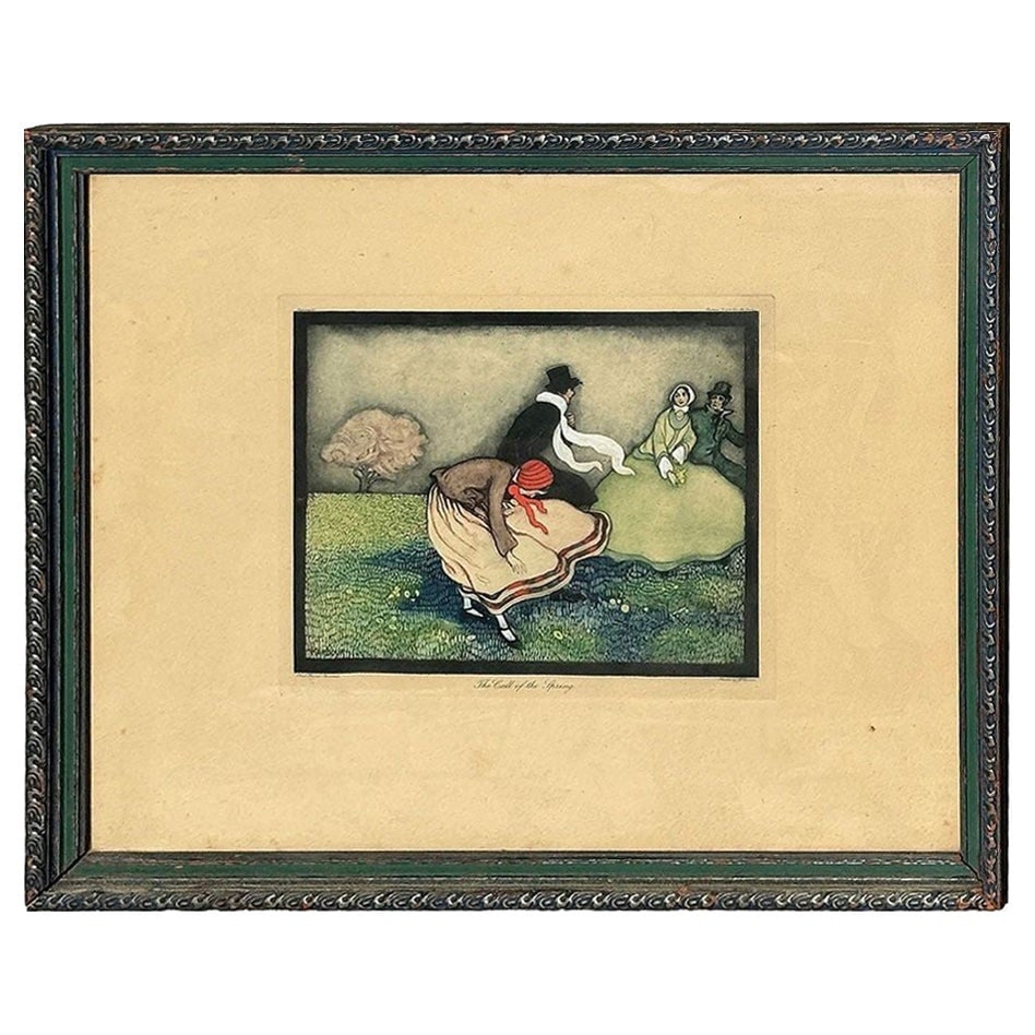 Framed "The Call of the Spring" Watercolor Scenic Lithograph by Jennie Harbour: Title: Framed "The Call of the Spring" Watercolor Scenic Lithograph by Jennie Harbour Description: Original Edwardian era Framed "The Call of the Spring" lithograph print by Jennie Harbour featuring 2