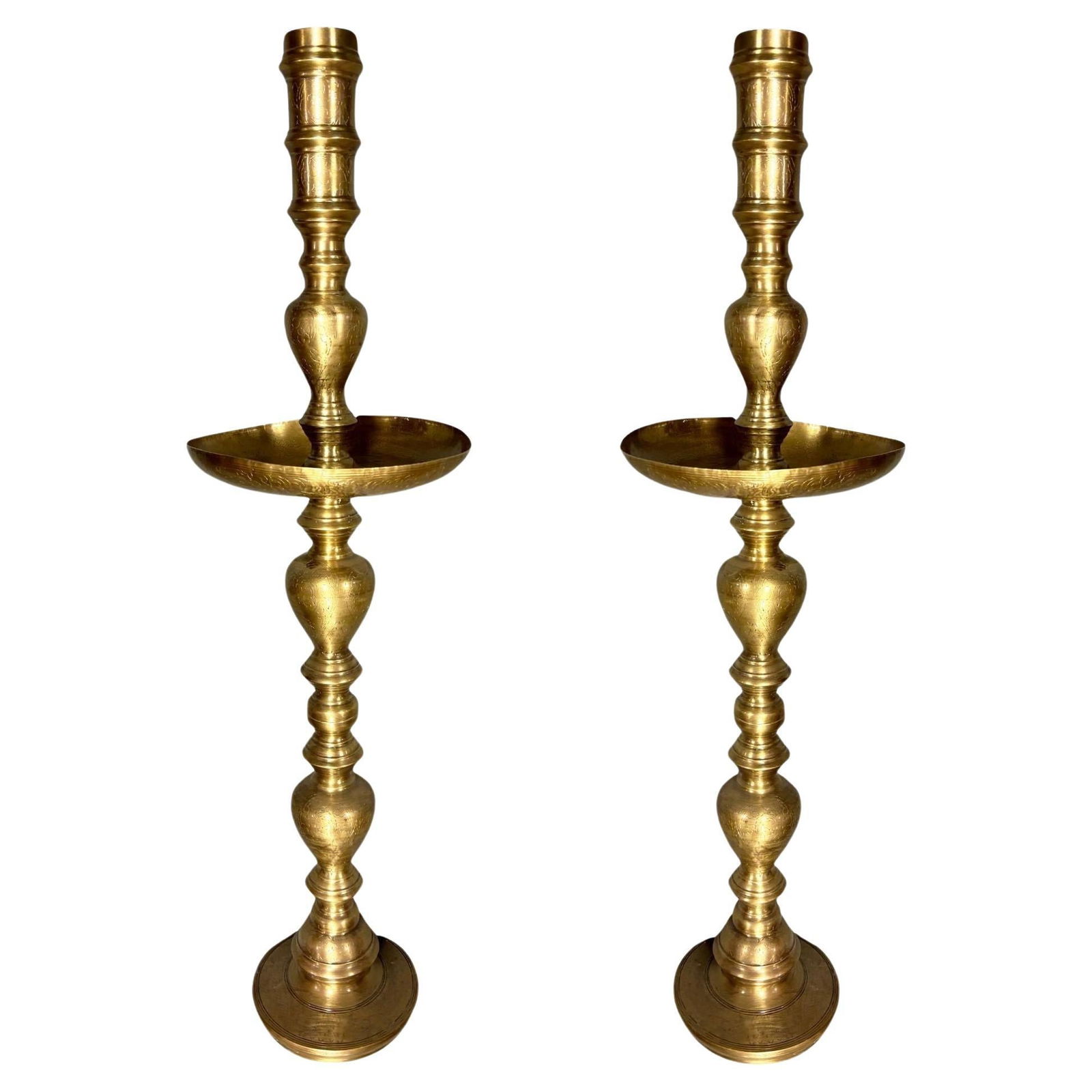 Hand Etched Brass Moroccan Floor Candelabra, Pair (1 of 20)