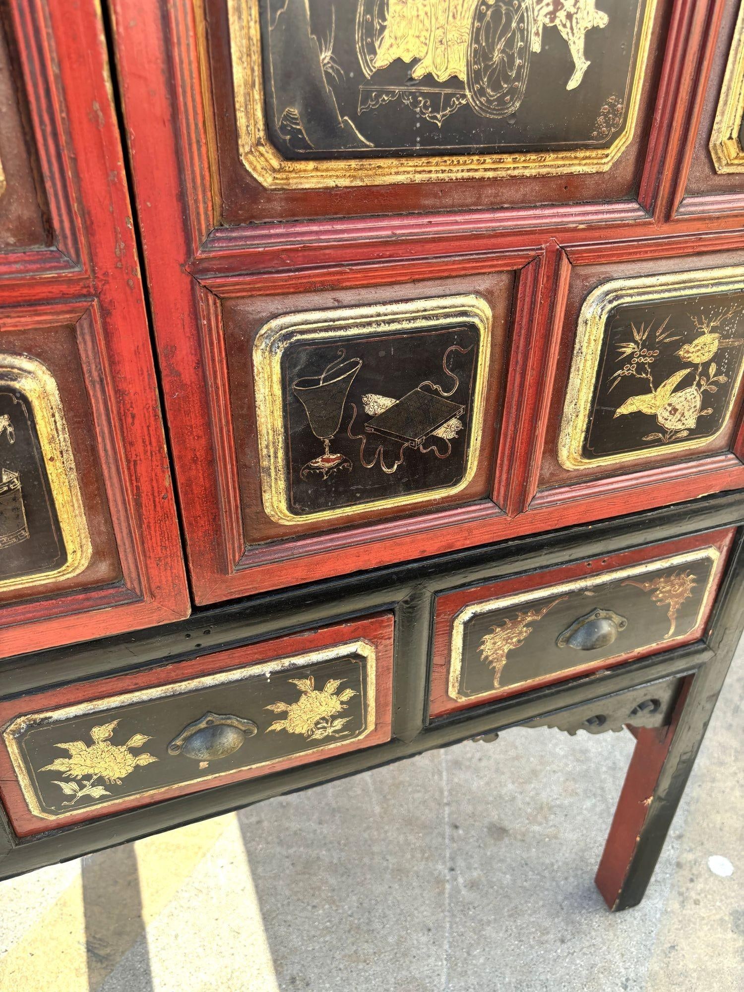Qing Dynasty Hand Painted & Lacquered Gilt Armoire Cabinet, China - 12