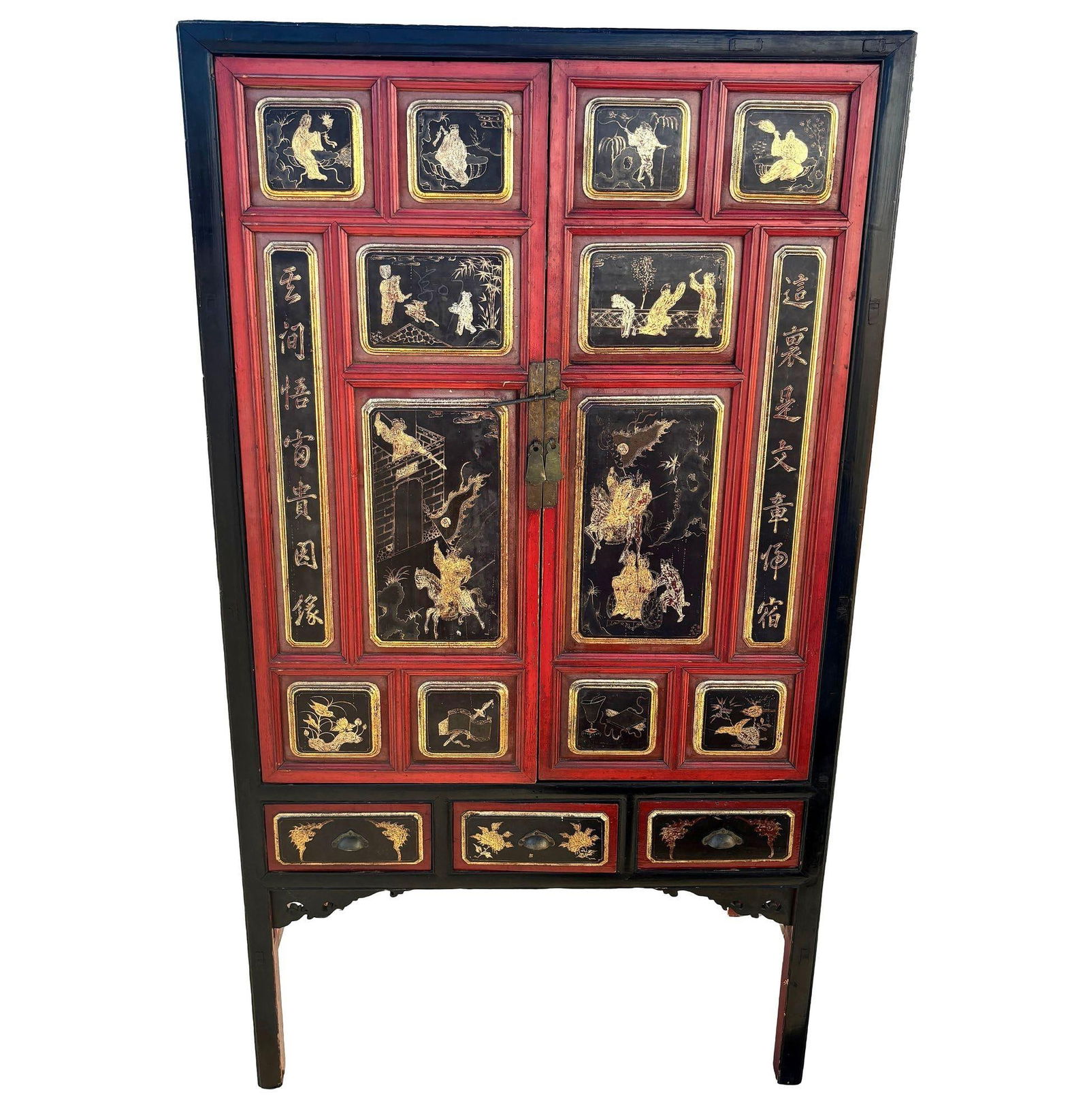 Qing Dynasty Hand Painted & Lacquered Gilt Armoire Cabinet, China - 8