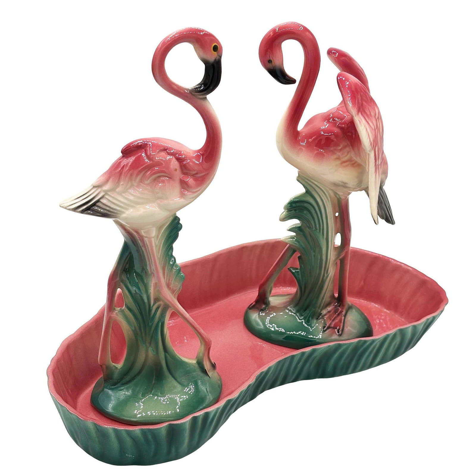 Mid-century Ceramic Flamingo Figurine Set in Tropical Pond Tray by Maddux - 9