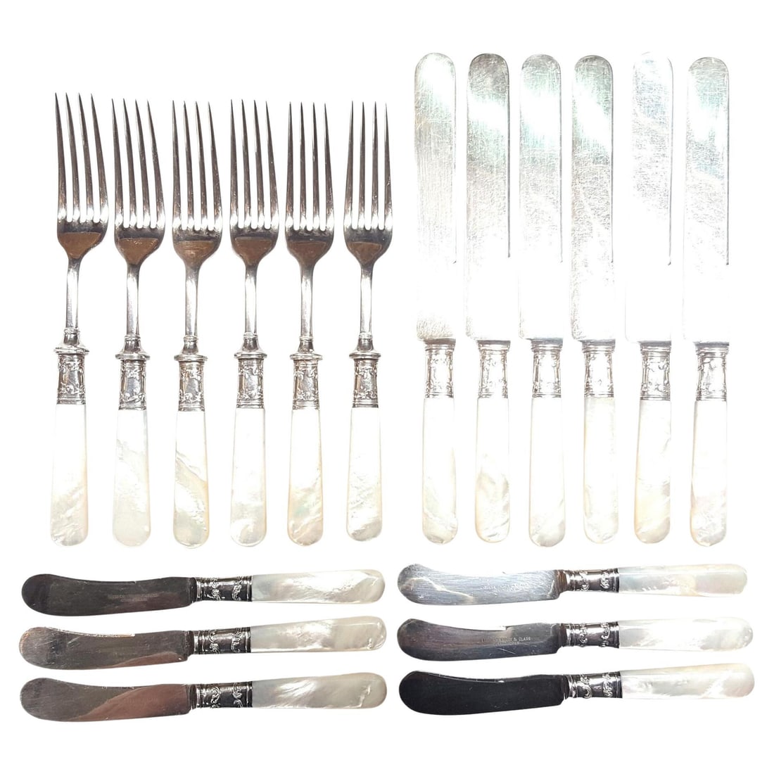 Landers, Frary and Clark Aetna Works Fish Set Sterling Silver W/ Mother: Title: Landers, Frary and Clark Aetna Works Fish Set Sterling Silver W/ Mother Description: Landers, Frary & Clark Fish Set - Aetna Works Qty: Set Of 18 Pieces (As Pictured) 6-Dinner Forks, 6 -Dinner