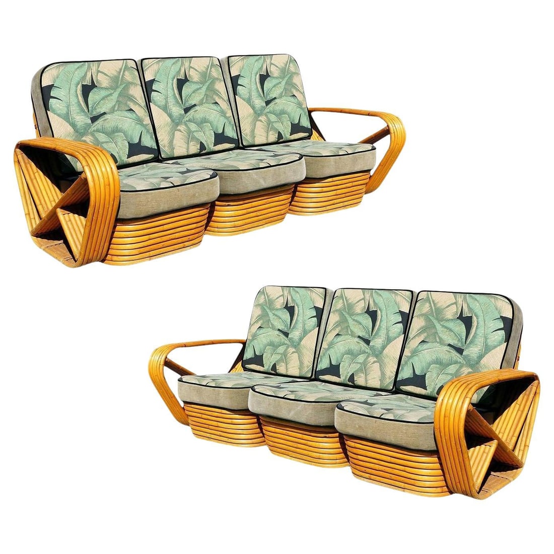 Restored Style Six-Strand Square Pretzel 3-Seat Sofa, Pair: Title: Restored Style Six-Strand Square Pretzel 3-Seat Sofa, Pair Description: Six-strand square Pretzel style, three-seat sectional sofa in the style of Paul T. Frankl. This sofa set of two features