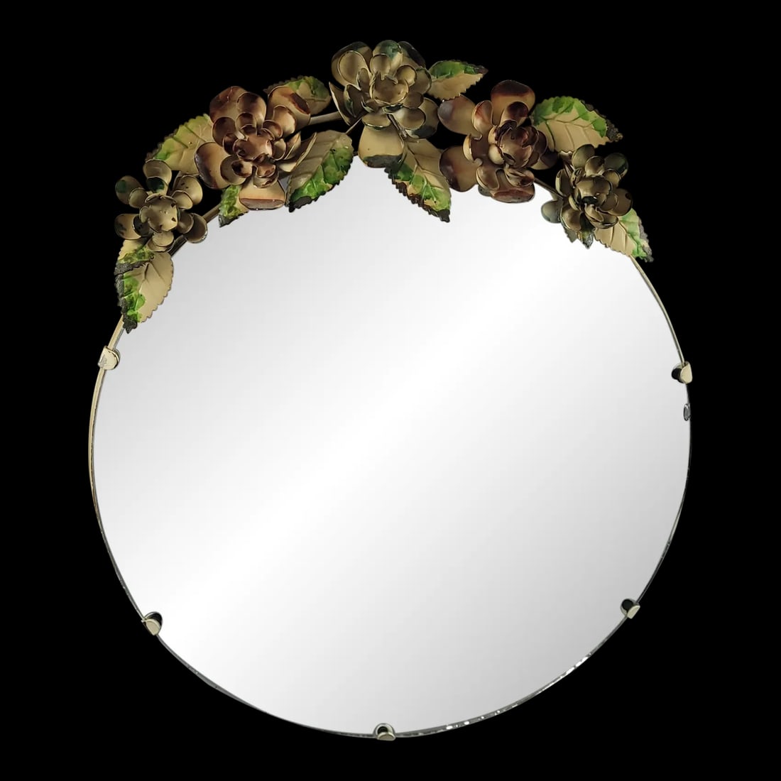 1950s Vintage Round Hanging Wall Mirror with Toleware Flowers, Italian: Vintage Tole Round Wall Mirror Hanging Flowers Toleware Italian Italy Shabby Chic Colorful Metal Art In good condition with vintage … Read more Vintage Tole Round Wall Mirror Hanging Flowers Tol