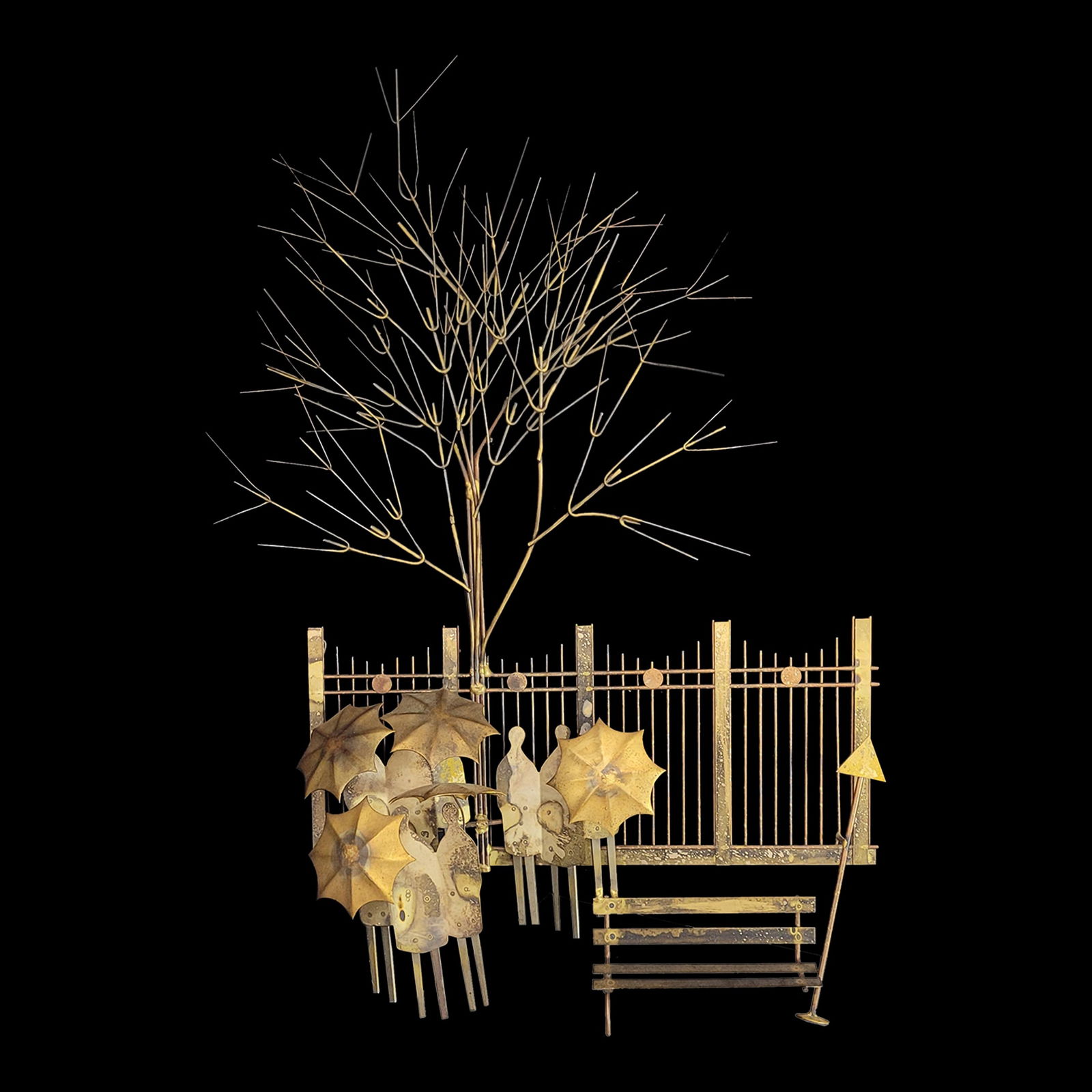 1970s Brutalist Brass Wall Sculpture — Rainy Day Bus Stop Scene, Tree & Umbrella Figures, Jere (1 of 11)