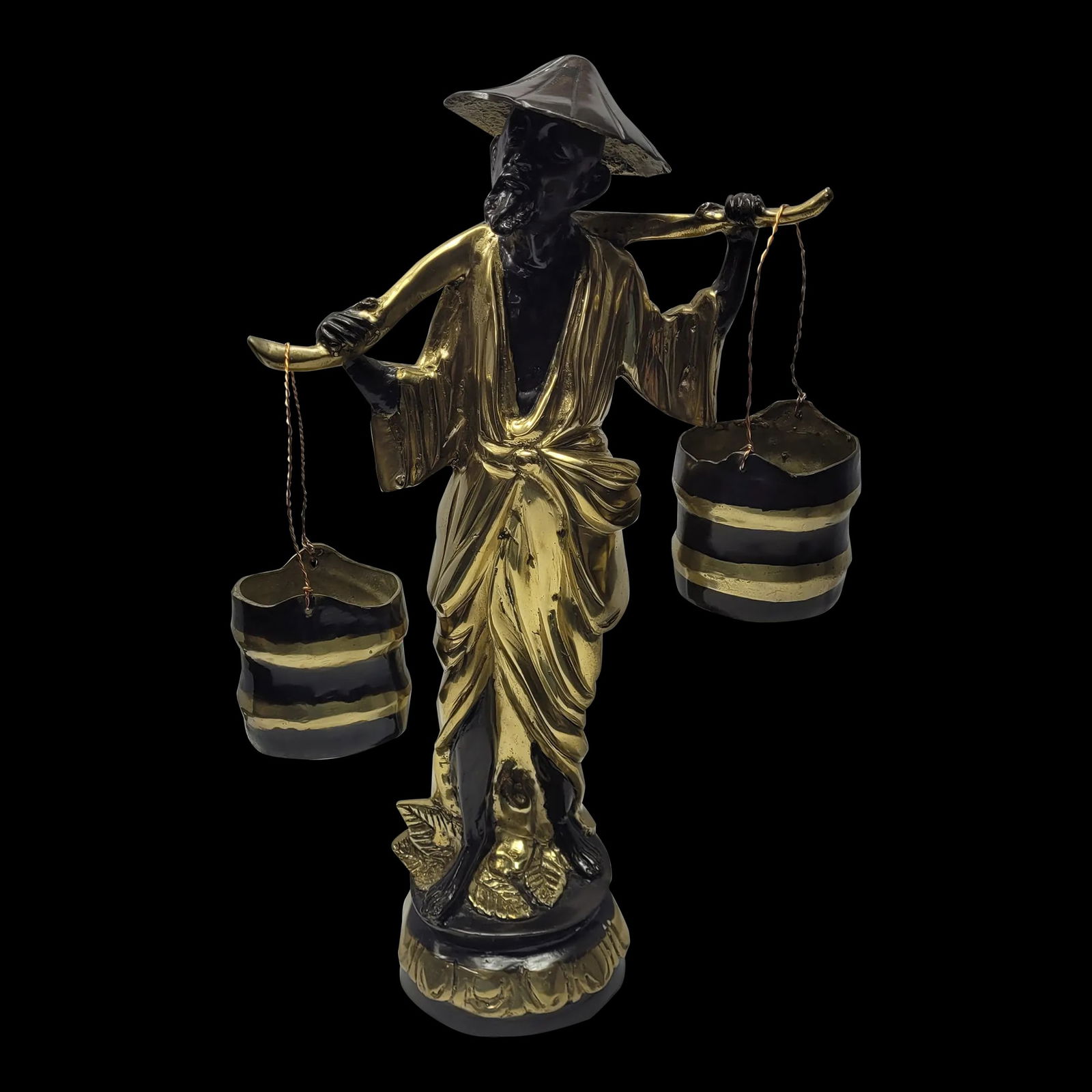 1950s Vintage Gilt Bronze Asian Table Metal Art Sculpture Chinese Man Carrying Buckets: Vintage Gilt Bronze Asian/Chinese Man carrying buckets figurine/statue. This unique statue is beautifully crafted. Chinese water carrier. Figure of patinated … Read more Vintage Gilt Bronze Asia