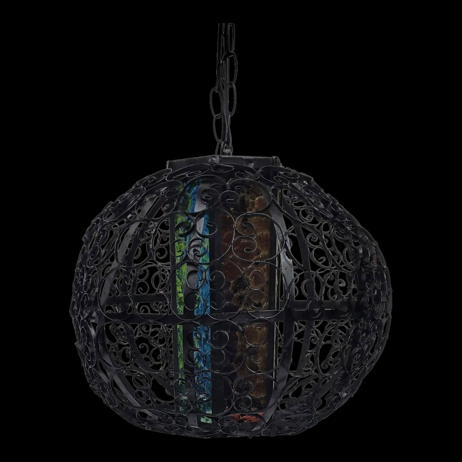 Vintage Black Tin Metal Filagree Birdcage Round Swag Lamp With Stained Glass Center Plug Into Wall: Vintage Black Tin Metal Filagree Birdcage Round Swag Lamp with Stained Glass Center, Blue Gold Green Mexican Folk Art Spanish … Read more Vintage Black Tin Metal Filagree Birdcage Round Swag Lam